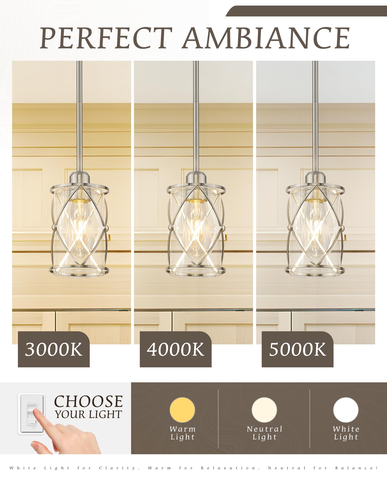 Brushed Nickel Pendant Lights 3 Pack - Modern Glass Kitchen Island Lighting with Adjustable Rod, Mini Hanging Lights for Kitchen Sink, Dining Room, Bar Counter - Perfect for Home, Restaurant, and Cafe Decor (CH9176BN-3PK)