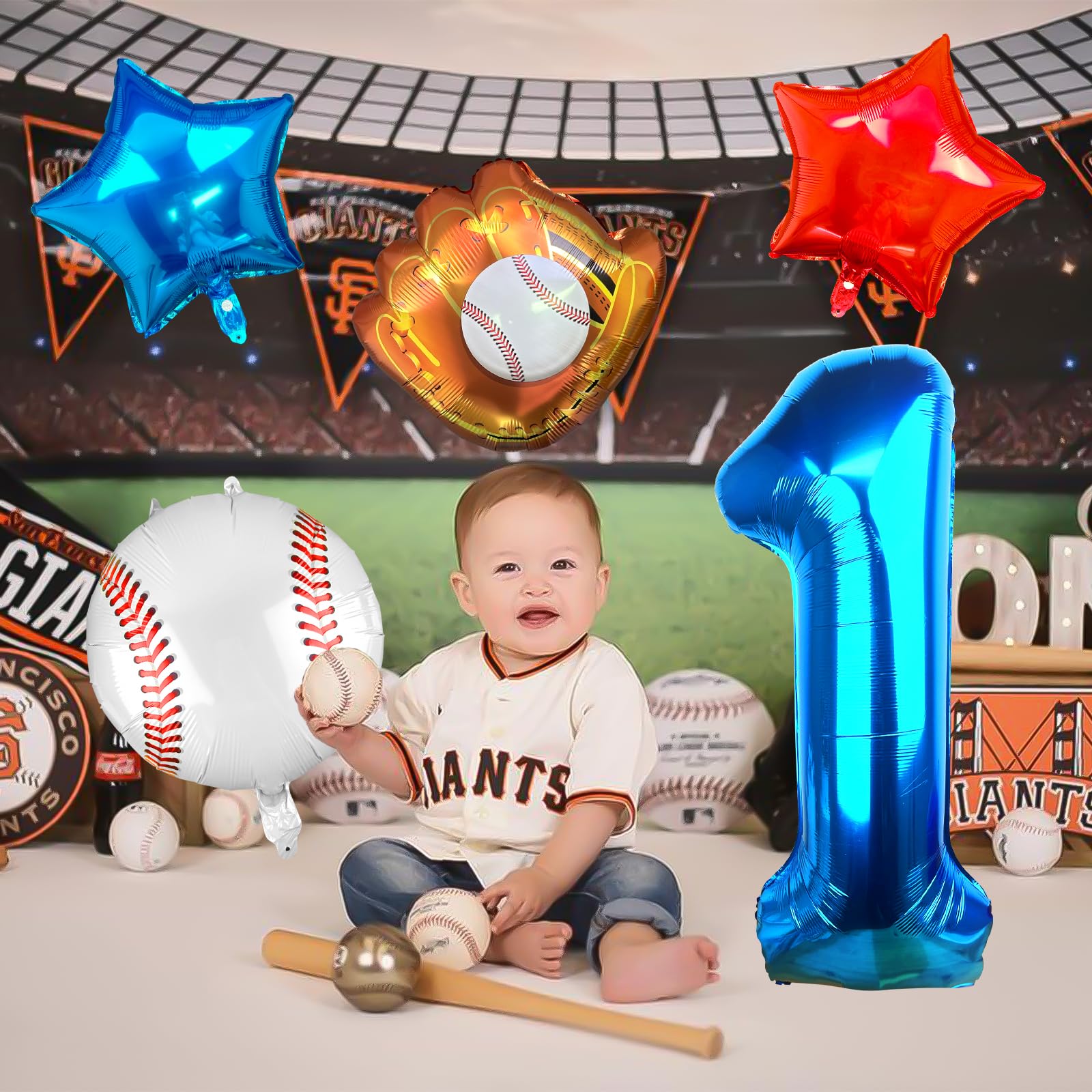 1st Birthday Baseball Balloons - Red, White & Blue Star Balloons for Baseball Party Decorations | Number 1 Baseball Balloon for Rookie of The Year Boys | Perfect for Baseball-Themed Birthday Parties, Baby Showers & Sports Celebrations