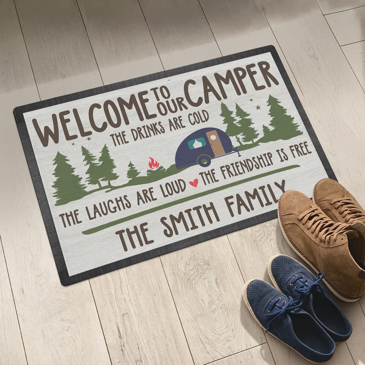Custom Personalized Welcome to Our Camper Doormat - Family Name Engraved | 16x24 Inch Outdoor RV Mat | Perfect for Campers, RVs & Trailers | The Drinks Are Cold The Laughs Are Loud The Friendship Is Strong