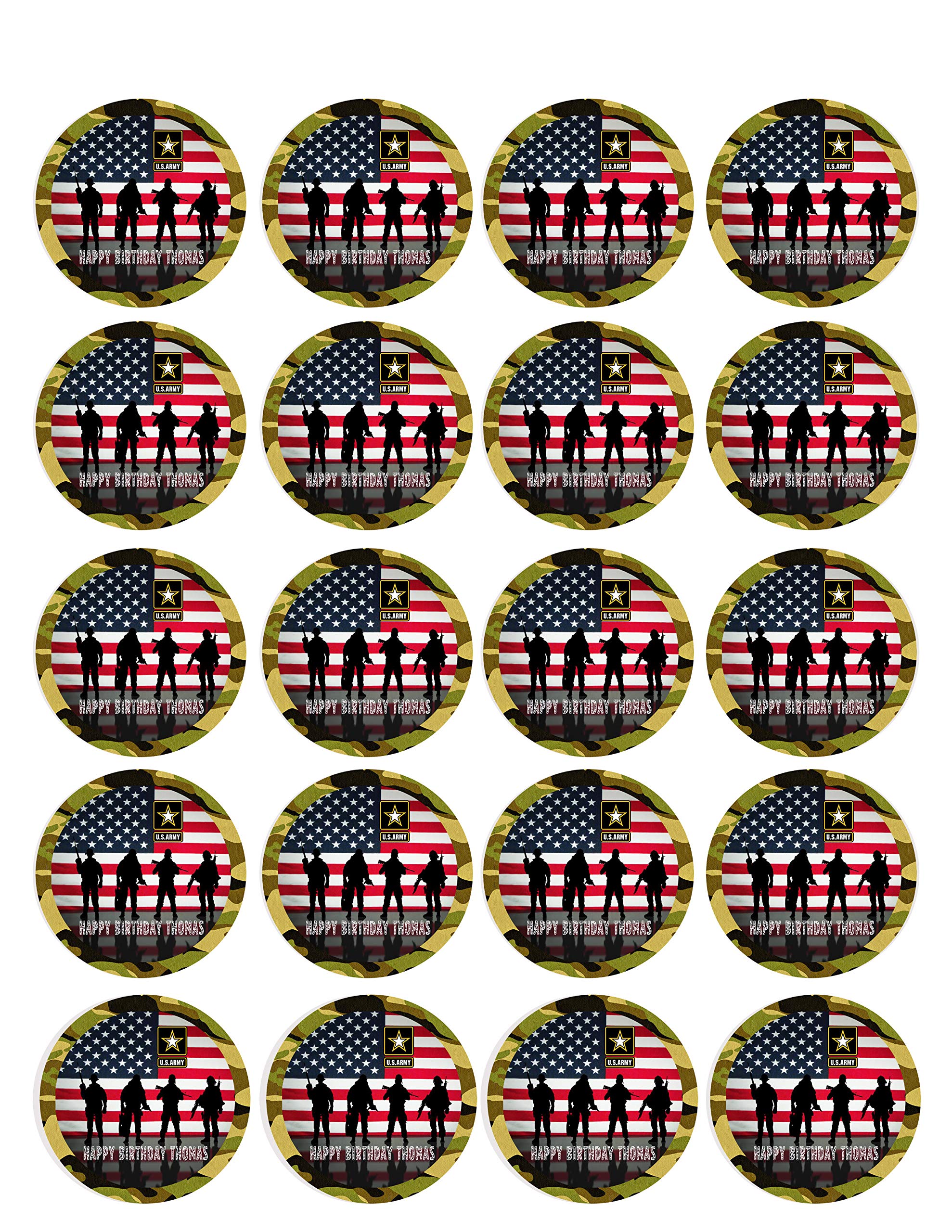 US ARMY Edible Cupcake Toppers - 1.8 Inch Patriotic Military Cupcake Decorations (20 Pieces/Sheet) - Perfect for Military Themed Birthday Parties, Veterans Day & 4th of July Celebrations