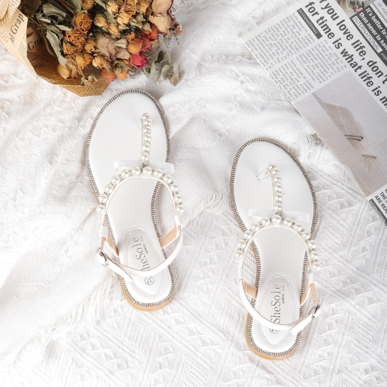 SheSole Women's Pearl T-Strap Flat Sandals - Elegant Bridal Wedding Shoes for Bride, Beach Ceremony, Photoshoot & Special Occasions