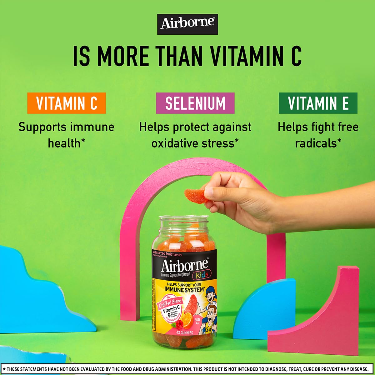 Airborne 500mg Vitamin C + Zinc Immune Support Gummies for Kids - Gluten Free, Antioxidant Rich with Vitamins C & E, Assorted Fruit Flavors (6 Pack, 42 Gummies) | Boosts Immunity During Cold & Flu Season, School & Travel