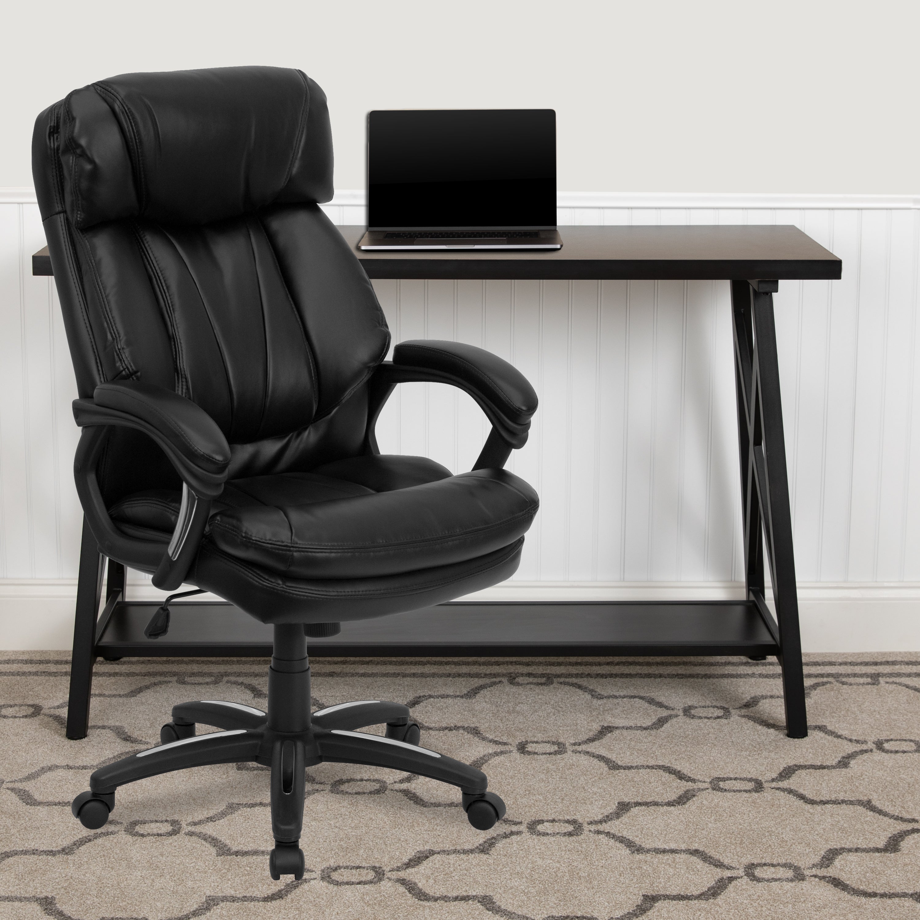Premium FLASH Iris High Back Ergonomic Office Chair - Black LeatherSoft Executive Swivel Chair with Plush Headrest, Lumbar Support & Padded Arms | Ideal for Home Office, Gaming & Workspaces