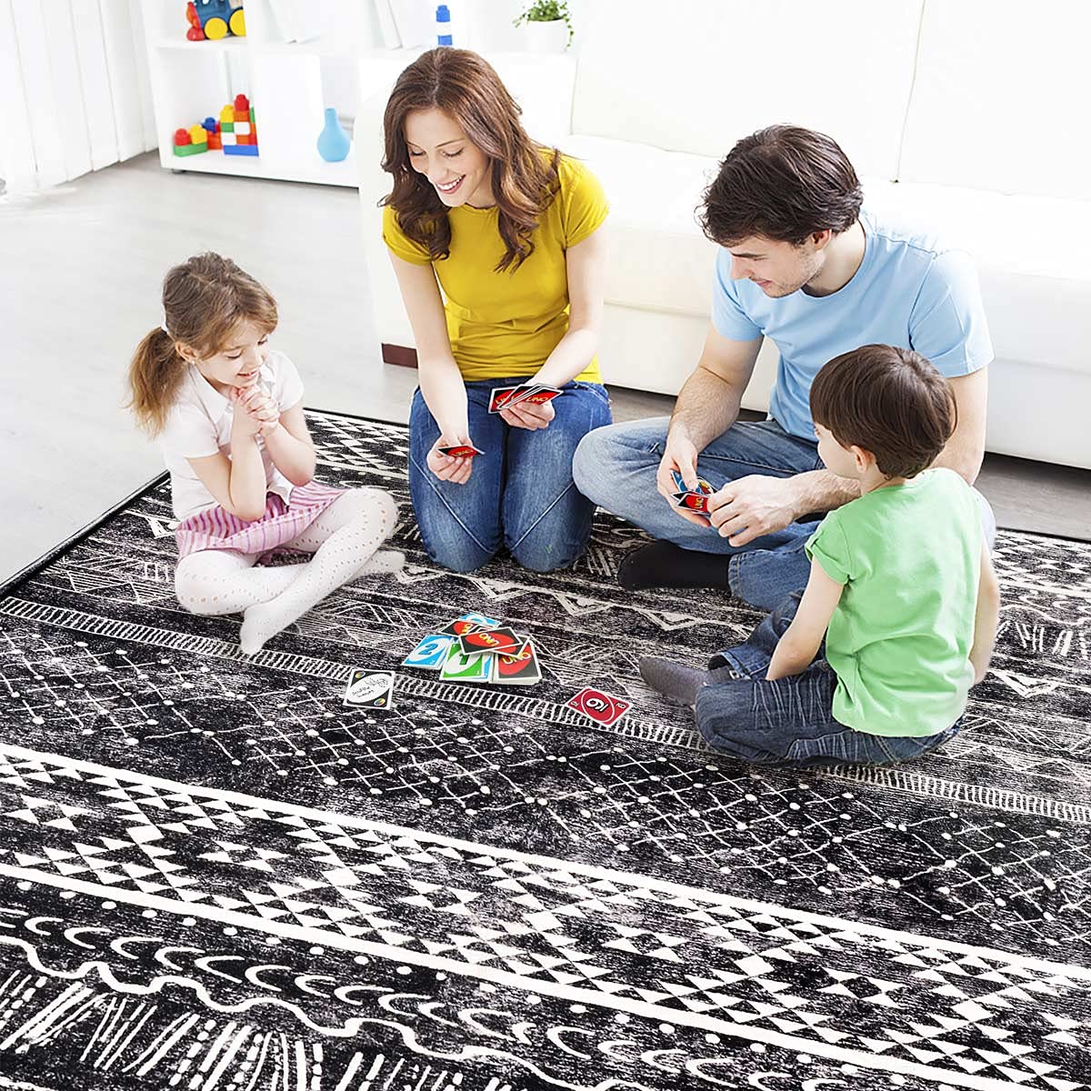 Modern Non-Slip Washable Area Rug - 6.7'x9.8' Neutral Black and White Indoor Carpet for Living Room, Bedroom & Dining Room - Soft Comfort for Home Decor & Family Gatherings