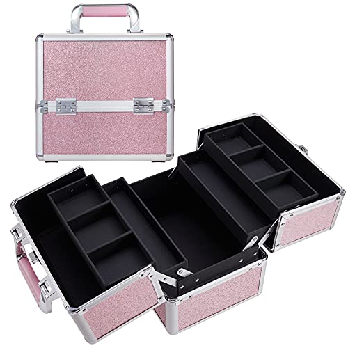 Hododou Professional Makeup Train Case with Lock & Keys - Large Cosmetic Storage Organizer for Travel, Salon & Home Use - Shiny Pink Beauty Box with Dividers for Makeup, Jewelry & Nail Supplies (Perfect for Makeup Artists, Travelers & Beauty Enthusiasts)