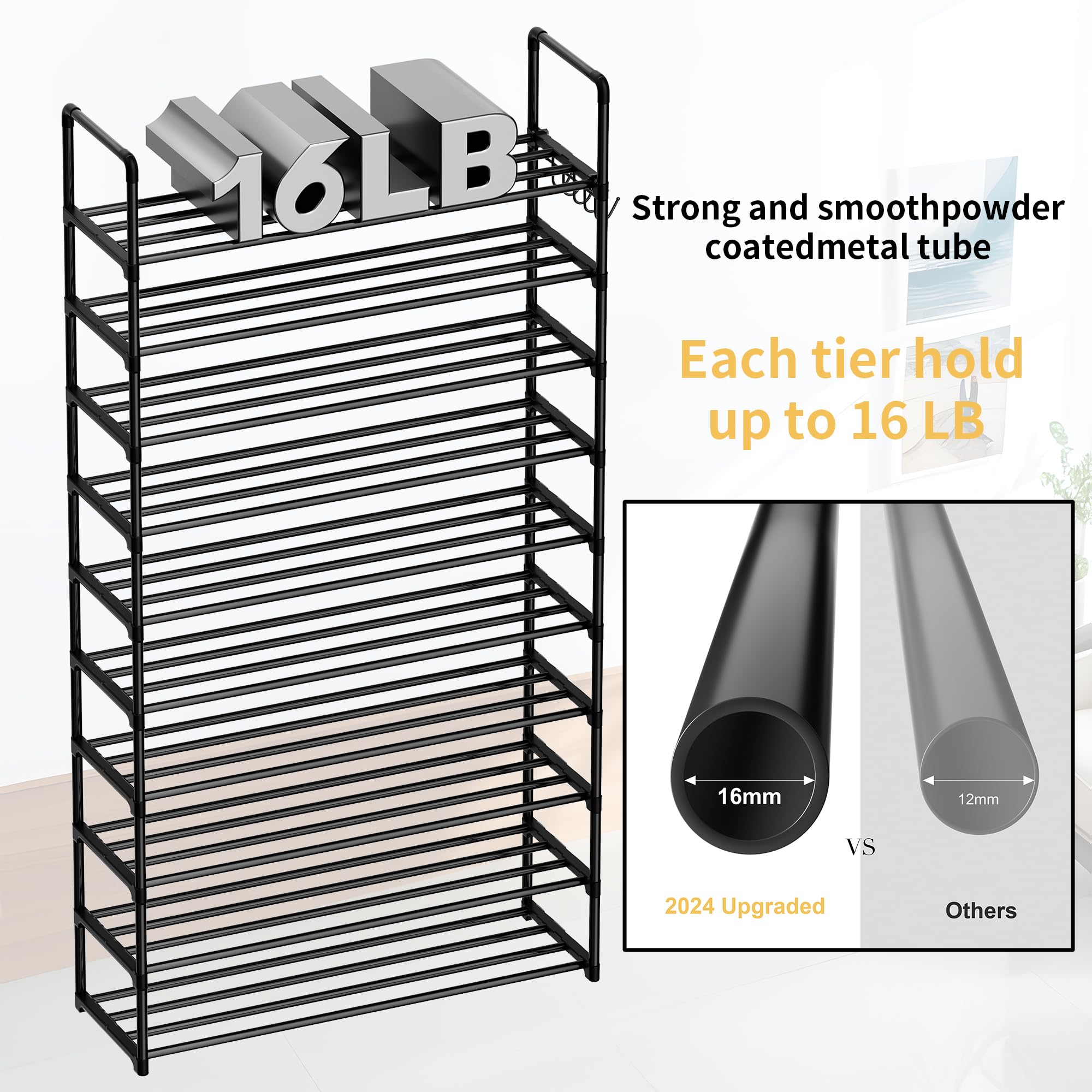 10-Tier Metal Shoe Rack Organizer with Hooks - Holds 40-45 Pairs - Space Saving Tall Shoe Shelf for Closet, Entryway, Living Room & Hallway - Perfect Shoe Storage Solution for Small Spaces & Apartment Organization