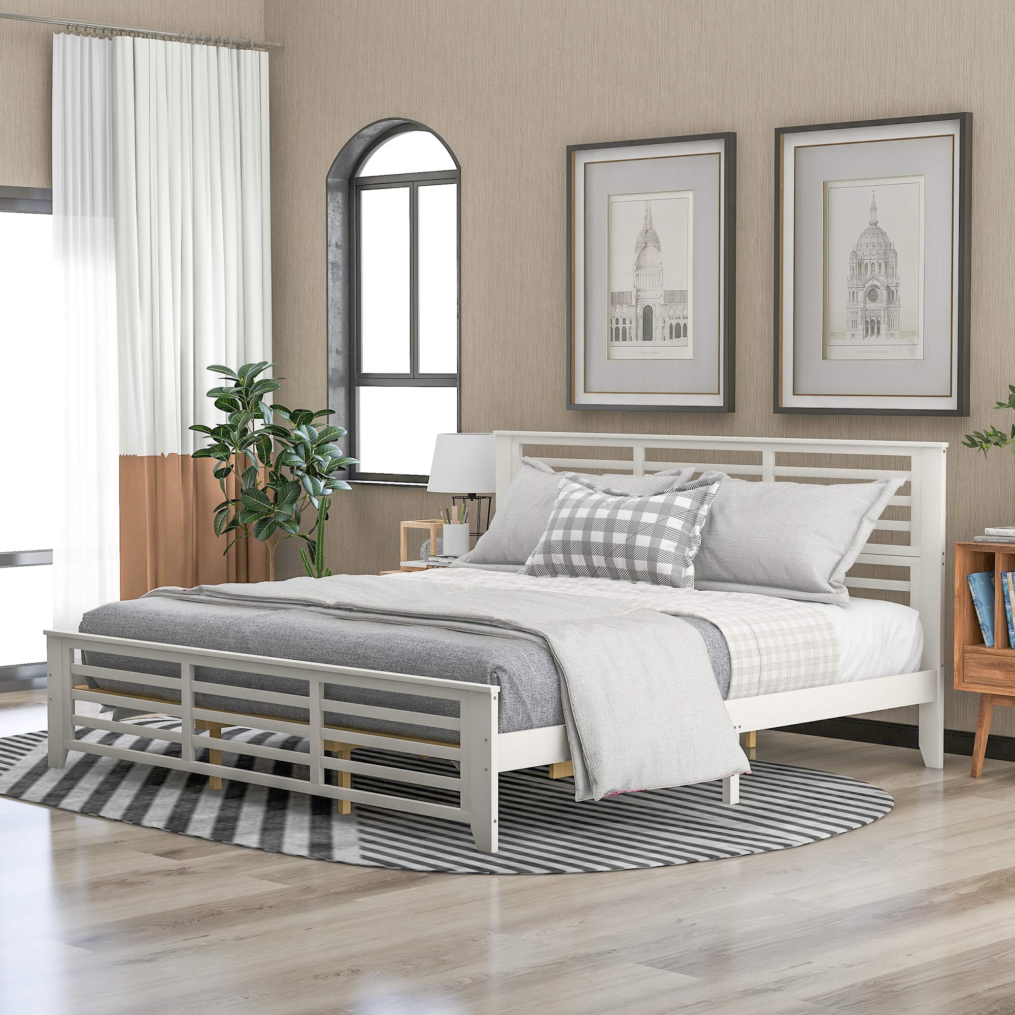 Merax King Size Wood Platform Bed Frame with Headboard & Footboard - Sturdy Slat Support, No Box Spring Needed, White - Perfect for Master Bedrooms & Guest Rooms
