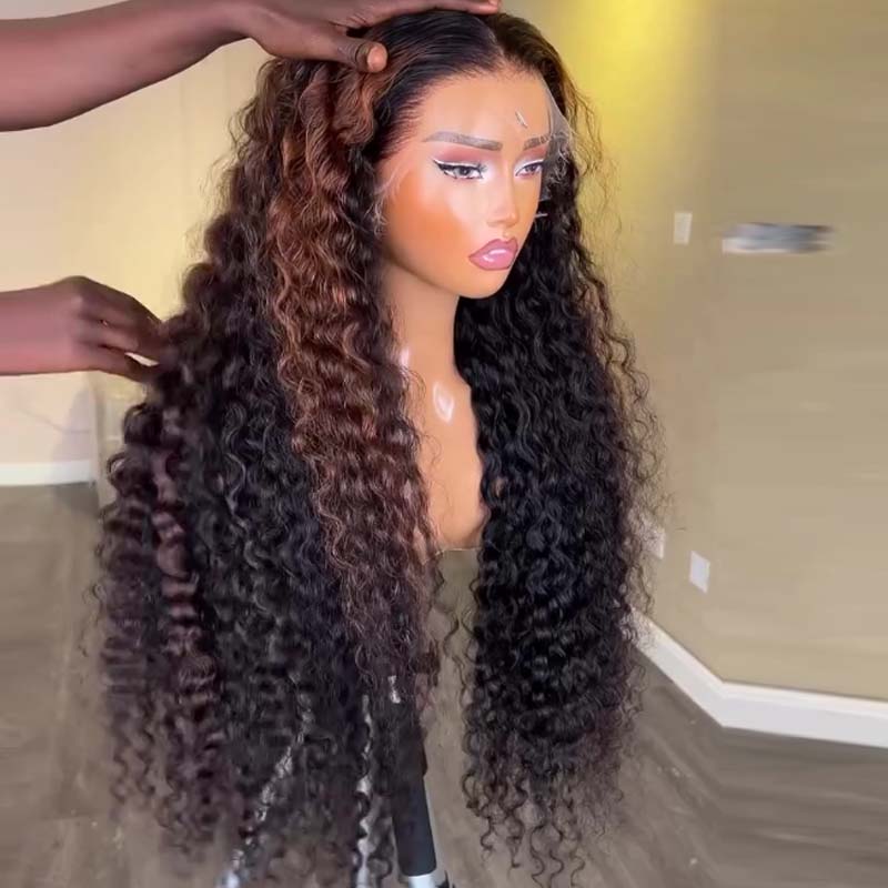 Eullair Honey Blonde Highlights Deep Curly Human Hair Lace Front Wig - Pre Plucked Glueless HD Lace Wigs for Black Women | Natural Look for Daily Wear, Parties & Special Occasions