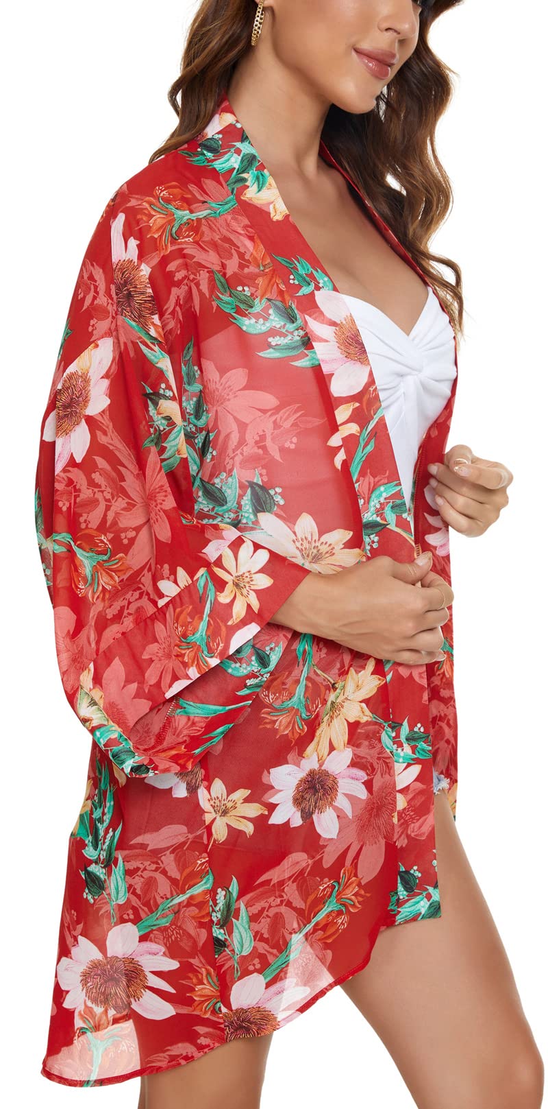 Tribear Women's Floral Printed Chiffon Kimono Cardigan - Lightweight Bat Sleeve Cover Up for Beach, Pool, Summer Outfits & Casual Wear