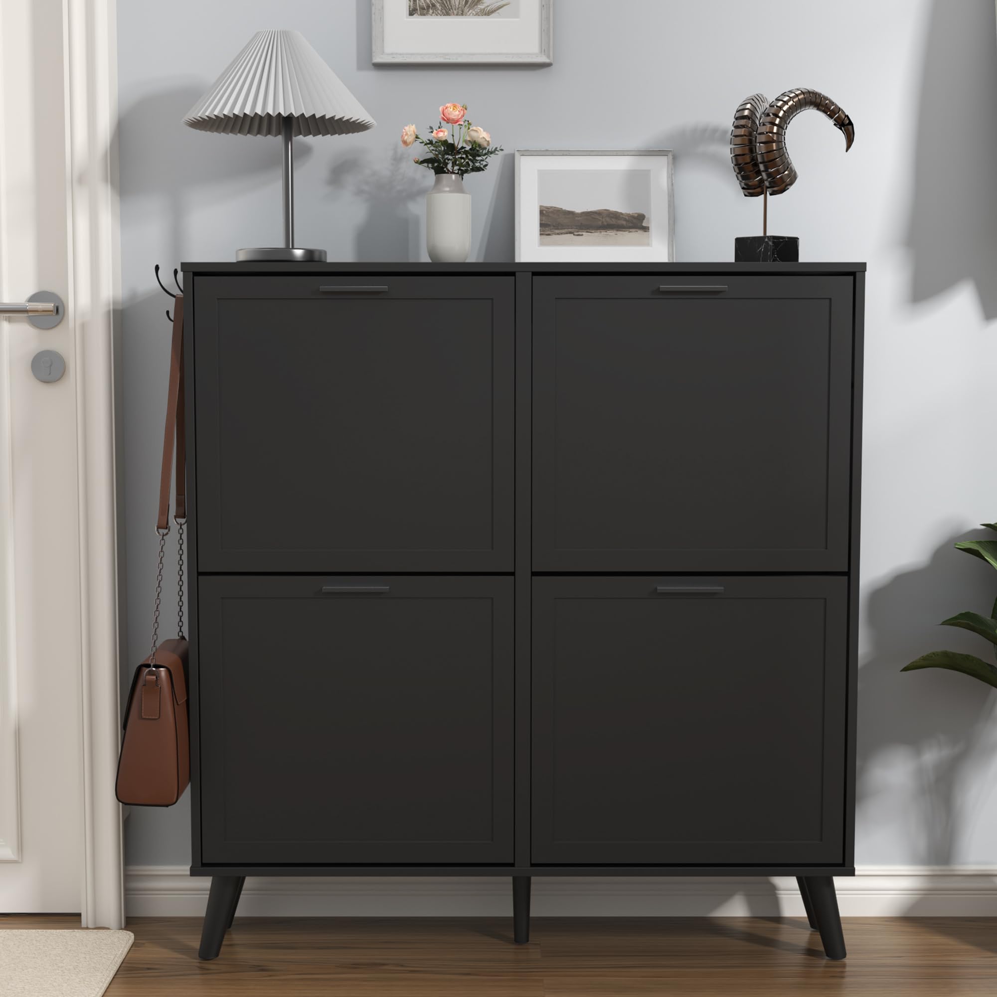 Large Black Shoe Cabinet for Size 16 Shoes - Freestanding 4-Drawer Shoe Organizer with Flip Doors - Narrow Wooden Shoe Rack for Entryway, Closet & Living Room - Perfect for Small Spaces and Shoe Storage Solutions