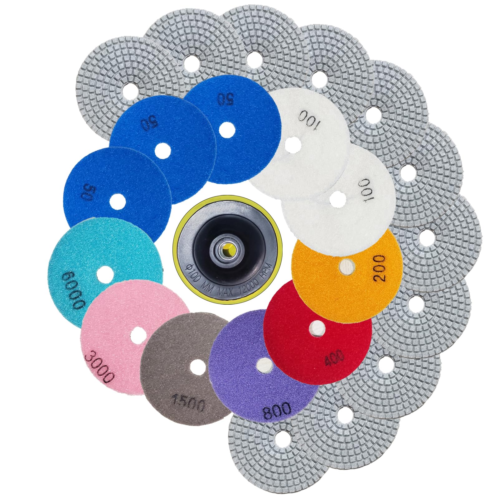 4 Inch M14 Wet/Dry Diamond Polishing Pads - 12 Piece 50-6000 Grit Kit for Stone, Quartz, Marble & Granite Countertops - Compatible with Grinders & Polishers - Perfect for Countertop Restoration, Tile Edging & DIY Home Improvement Projects