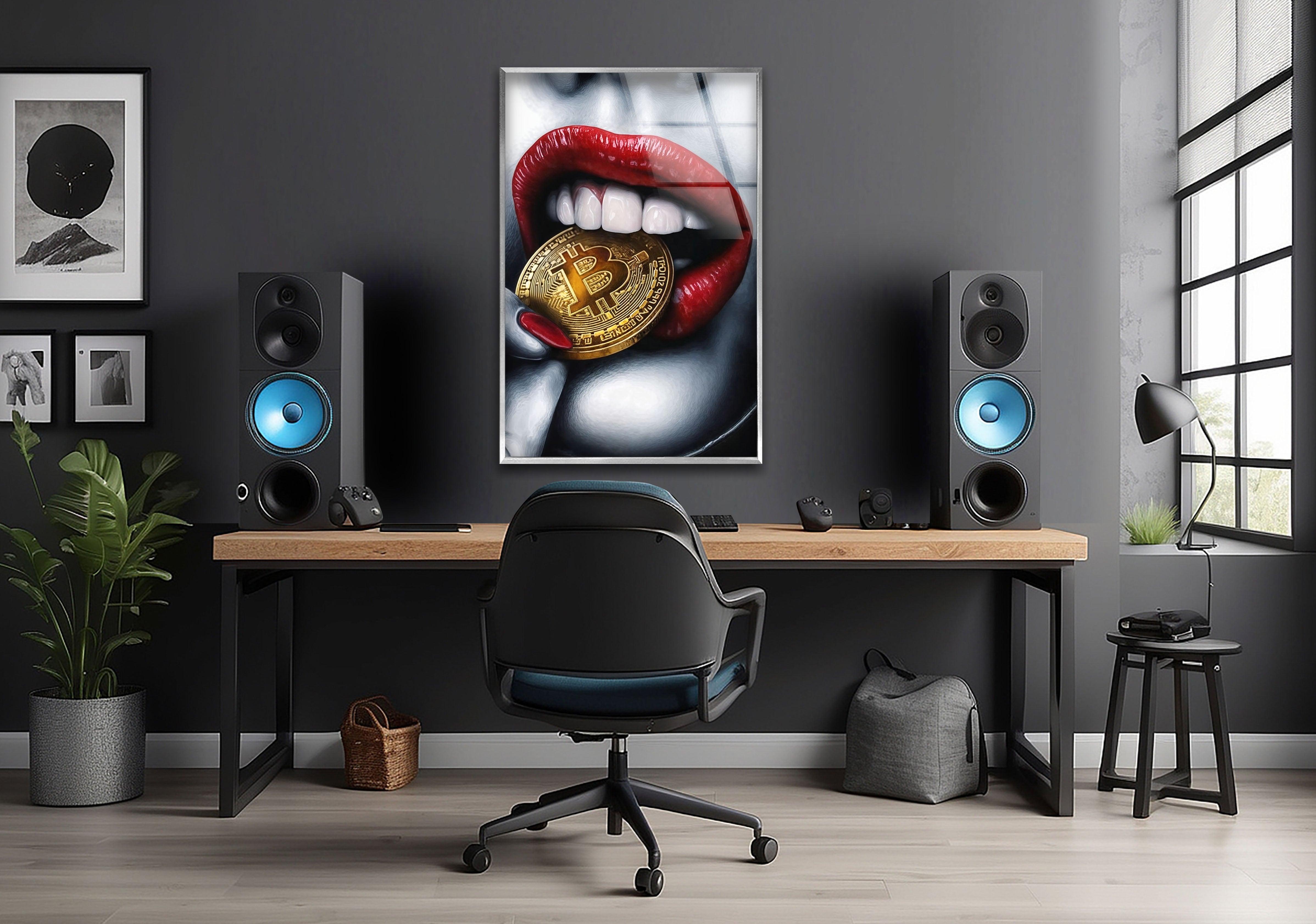 Bitcoin & Red Lips Glass Wall Art - Modern Crypto Themed Home Decor for Living Room, Bedroom or Office - Unique Gift Idea for Bitcoin Enthusiasts