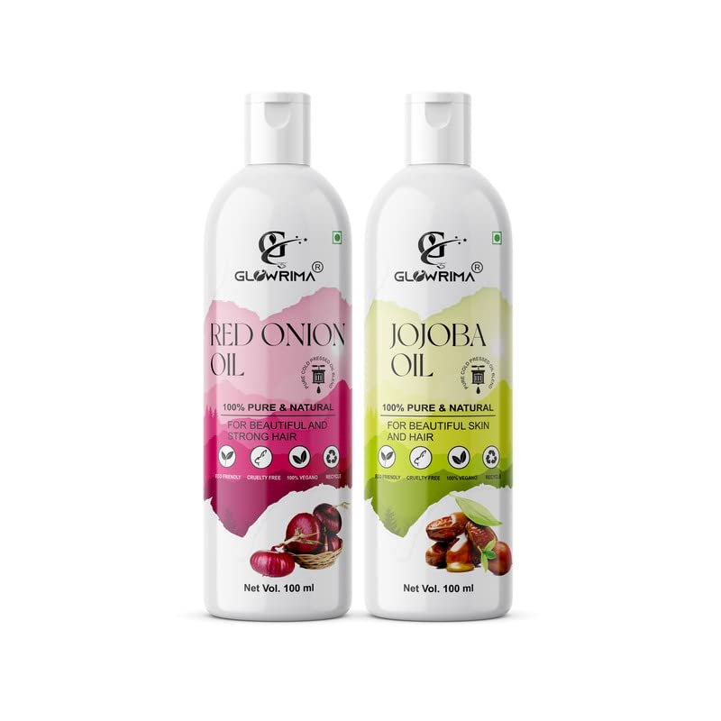 Glowrima 100% Pure Red Onion Oil & Jojoba Oil Combo (100ML Each) - Natural Hair Growth Treatment for Thicker, Stronger Hair | Reduces Hair Fall, Repairs Split Ends, Adds Shine & Softness | Perfect for Daily Hair Care Routine & Scalp Massage