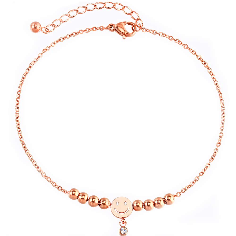 Smiley Face Anklet for Women - Gold Adjustable Boho Beaded Foot Chain with Engraved Smiley Charm | Dainty Cute Ankle Bracelet Jewelry | Perfect for Beach, Summer Outfits & Boho Fashion