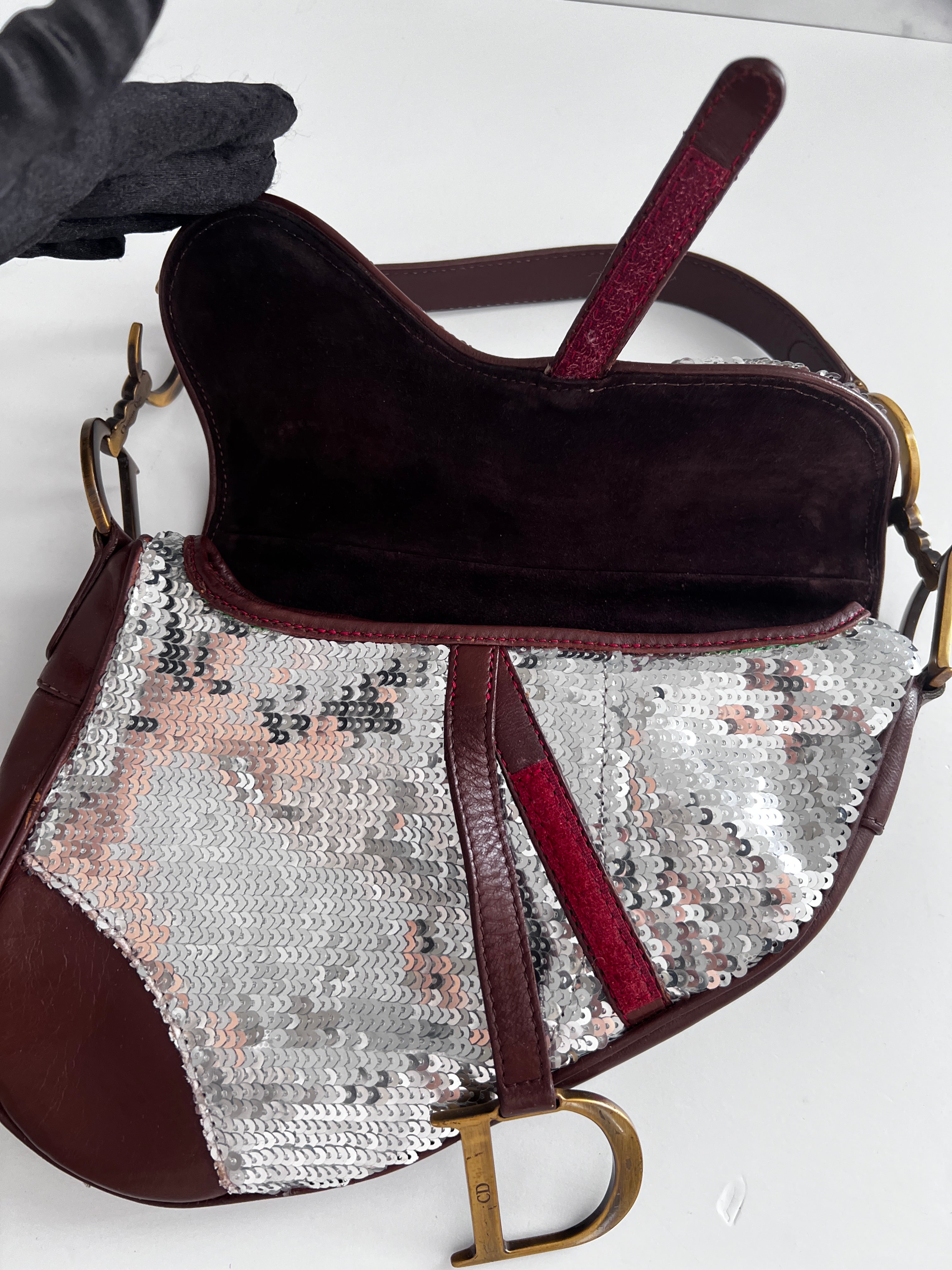Vintage Dior Silver Sequin Leather Saddle Bag - Luxury Crossbody Purse for Women, Evening Parties & Special Occasions