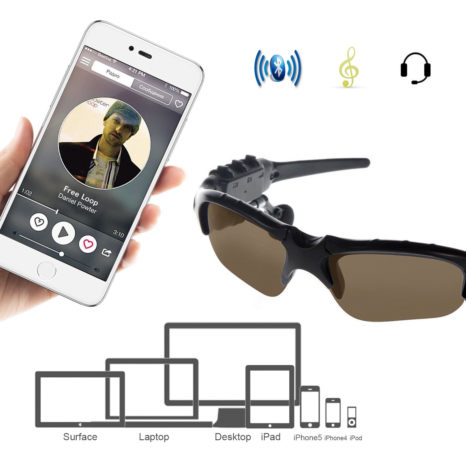 TechKen Bluetooth Sunglasses Headset - Wireless Music Glasses Compatible with iPhone, Samsung, LG Smartphones & Tablets - Perfect for Running, Cycling, and Outdoor Activities