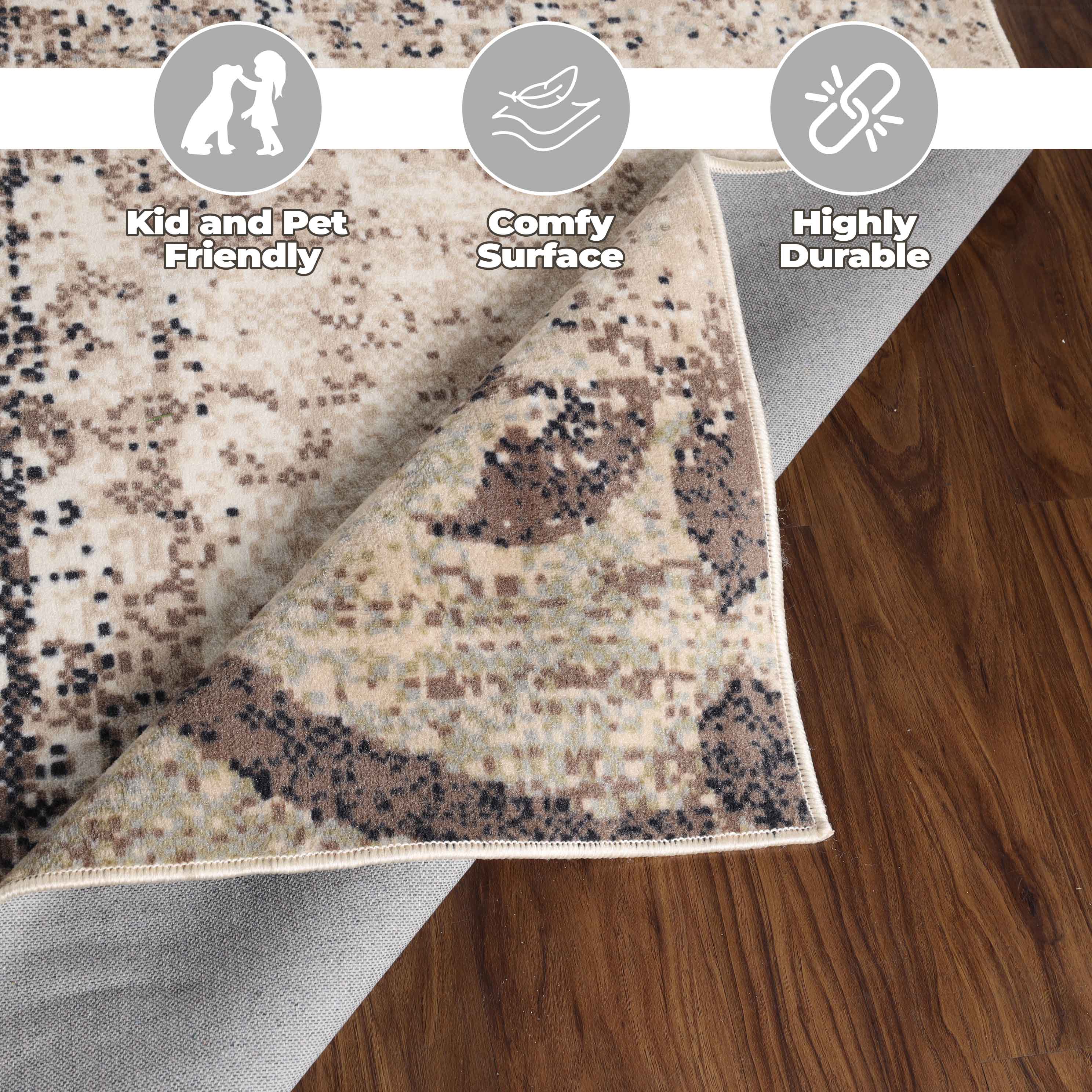 Bristol Distressed Abstract Damask Indoor Area Rug - Non-Slip Living Room Carpet Runner for Bedroom, Hallway & Entryway Decor