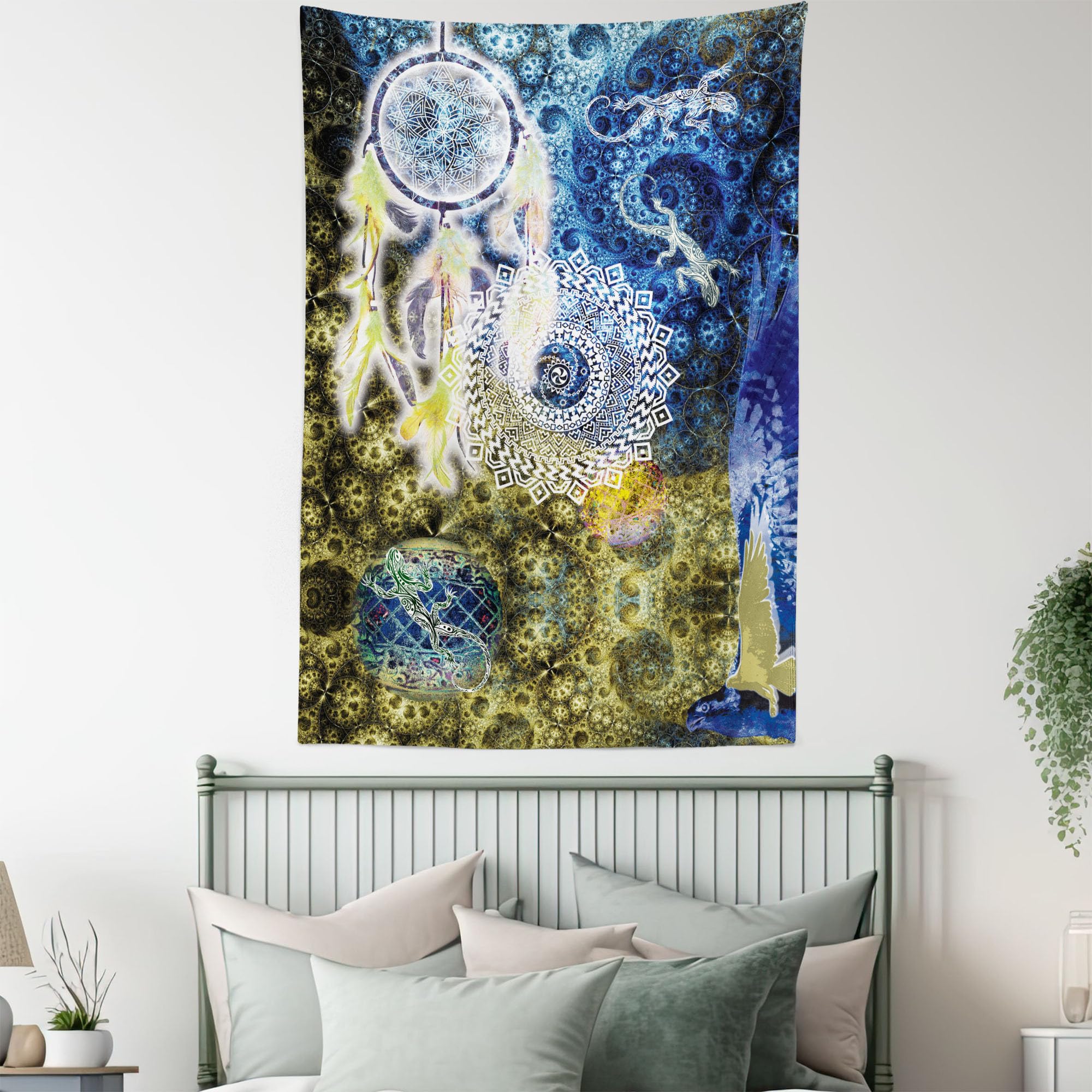 Ambesonne Bohemian Dreamcatcher Tapestry - Native American Style Wall Hanging with Feathers & Animal Illustrations (40x60 Inches) - Perfect for Bedroom, Living Room & Dorm Decor in Indigo Yellow