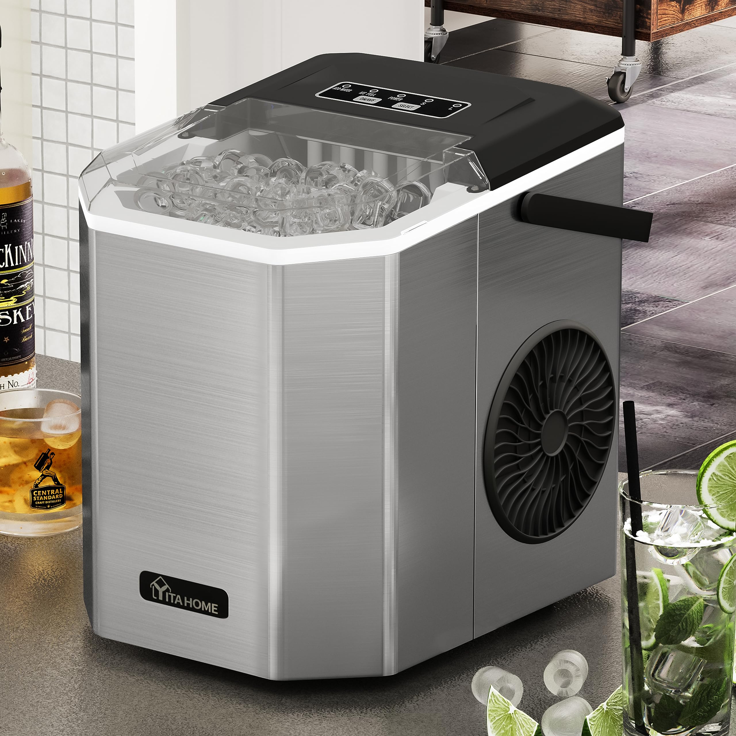YITAHOME Portable Countertop Ice Maker Machine - 9 Ice Cubes in 6 Minutes, 26LBS/24H - Stainless Steel Self-Cleaning Compact Ice Maker with Handle, Scoop & Basket - Perfect for Home, Office, RV, Boat & Outdoor Parties