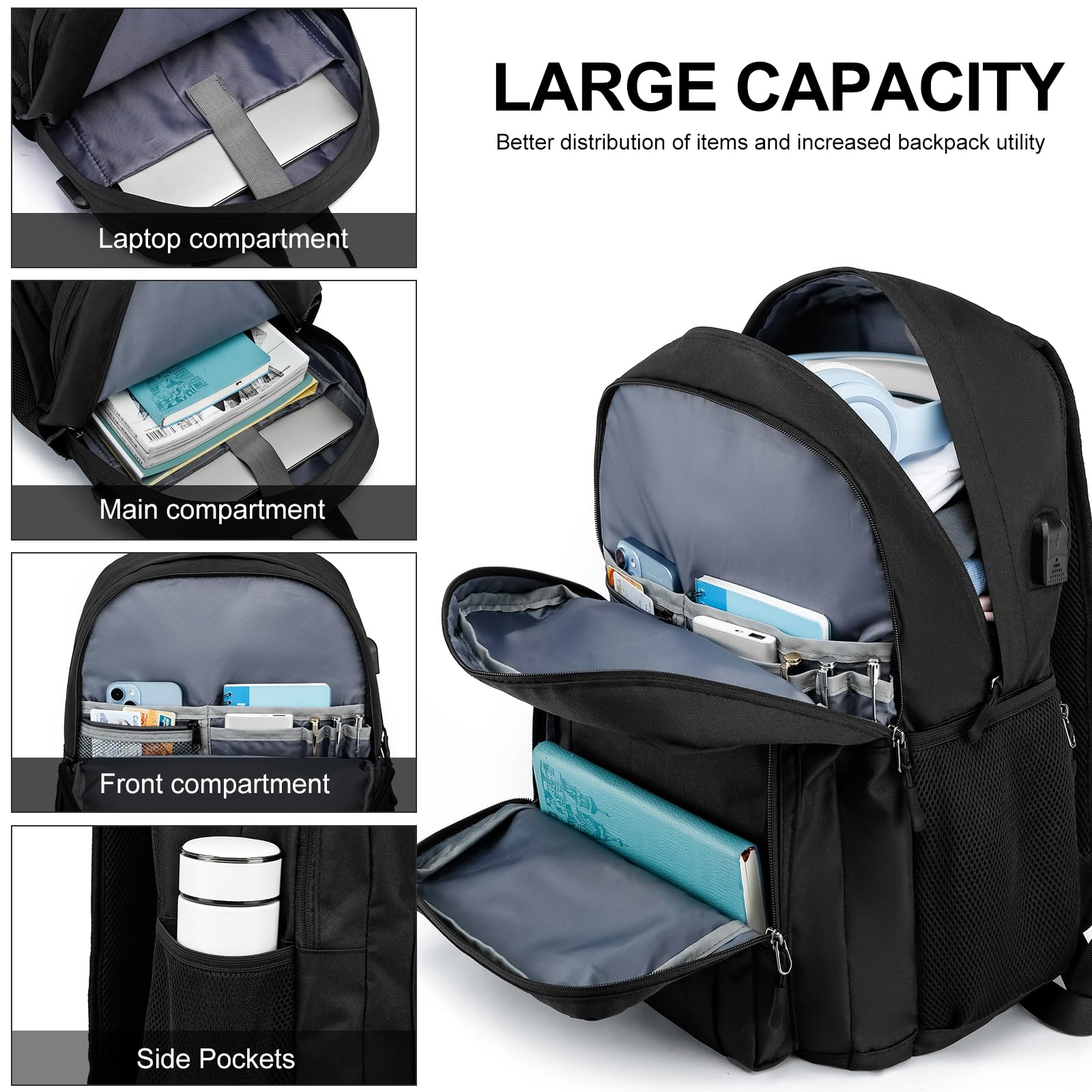 Lightweight Water Resistant Laptop Backpack with USB Charger - Durable Travel & School Backpack for Men, Women, Teens - Perfect for College, Commuting & Outdoor Adventures