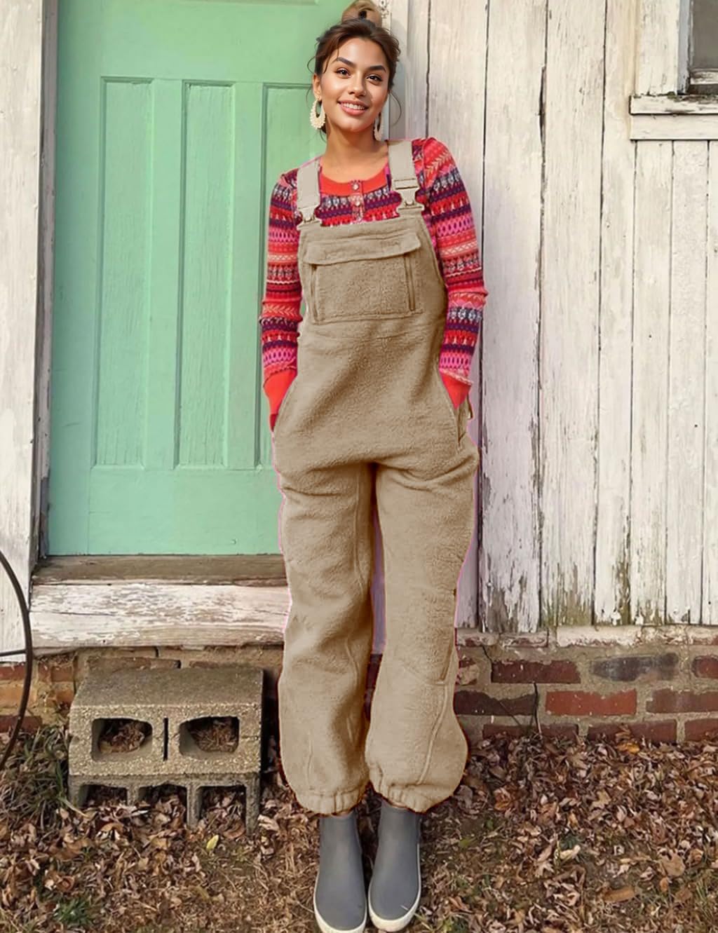 Yoeasy Women's Fleece Overalls - Sleeveless Winter Jumpsuit with Adjustable Straps & Pockets | Warm Fuzzy Bib Overalls for Casual Wear, Lounge, Outdoor Activities