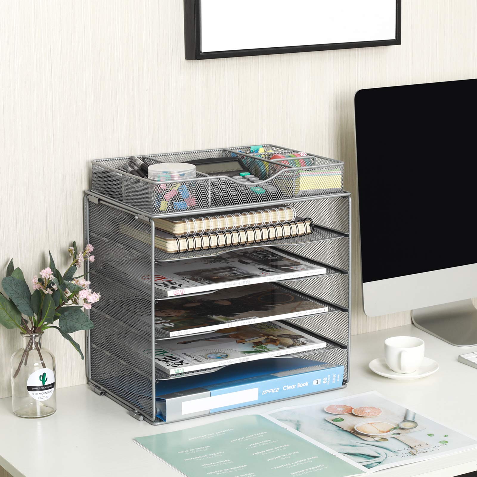 5-Tier Mesh Desk Organizer with Drawer - Silver Office File Sorter for Paper Storage | Perfect for Home, Office & Classroom Organization