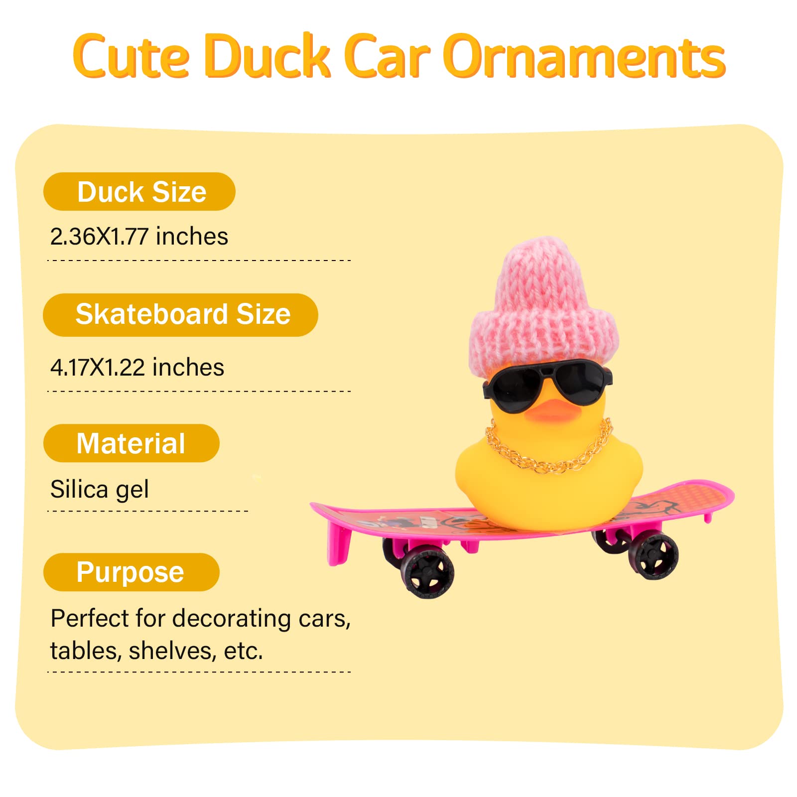 Wonuu Car Duck Ornament - Rubber Duck Dashboard Decoration with Mini Hat, Necklace, Sunglasses, Chair & Skateboard - Fun Car Accessory for Dashboard, Office Desk, or Home Decor