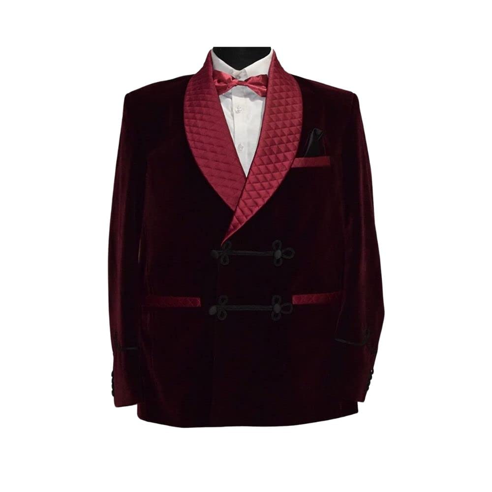 Men's Smoking Jacket - Quilted Velvet Blazer in Burgundy | Elegant Velvet Robe & Dinner Jacket for Formal Occasions, Lounging & Special Events
