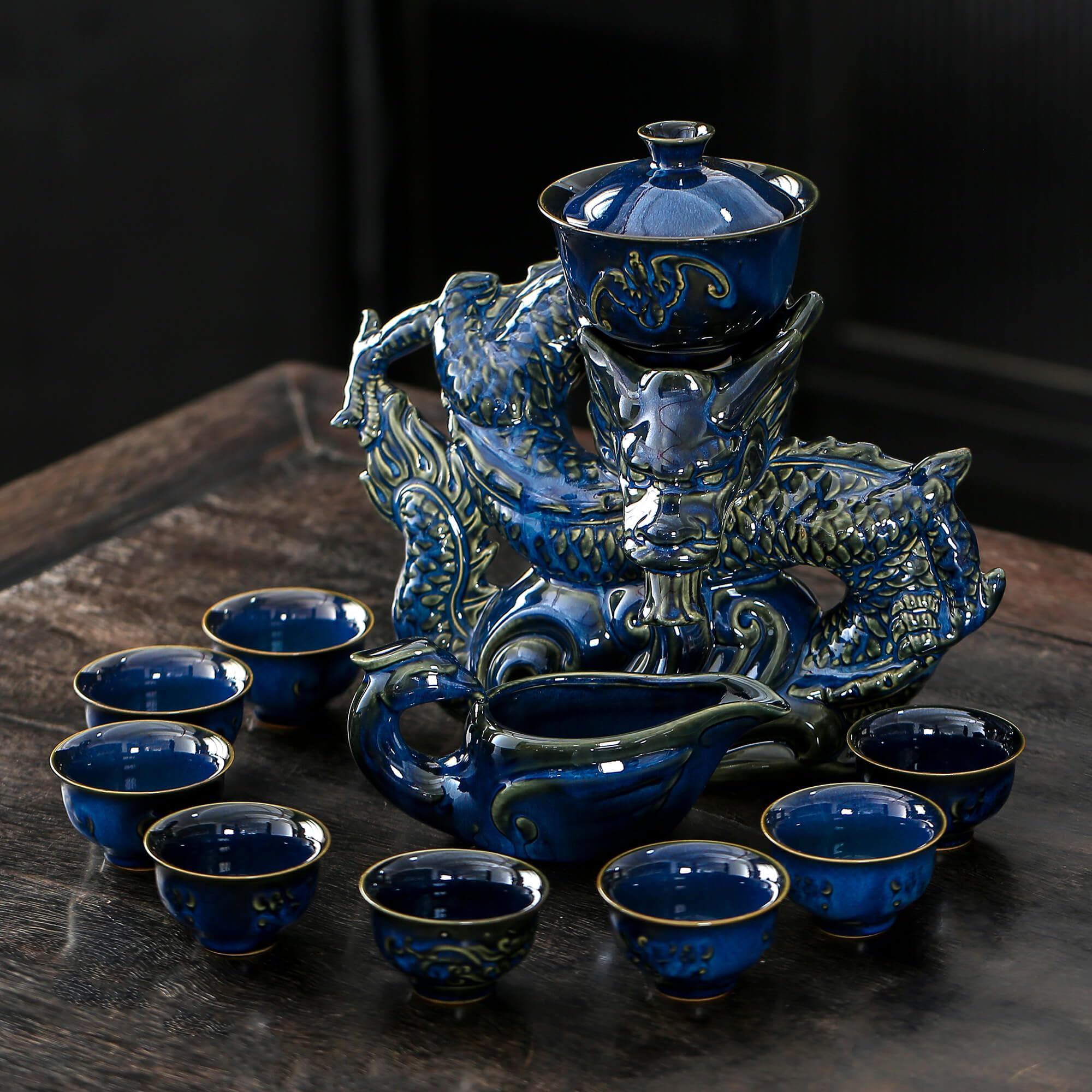 Premium Semi-Automatic Dragon Teapot Set with Infuser & 8 Small Cups - Blue Chinese Ceramic Tea Brewing Kit for Home, Office & Gifting | Traditional Gongfu Tea Ceremony Accessories
