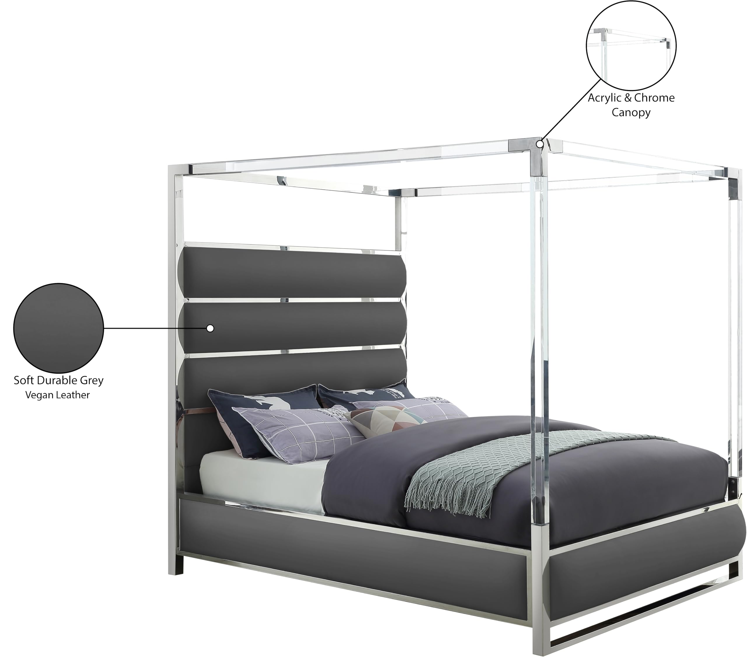 Modern Faux Leather & Chrome Canopy King Bed - Meridian Encore Collection Grey | Contemporary Acrylic Upholstered Bed Frame for Luxurious Master Bedroom Decor