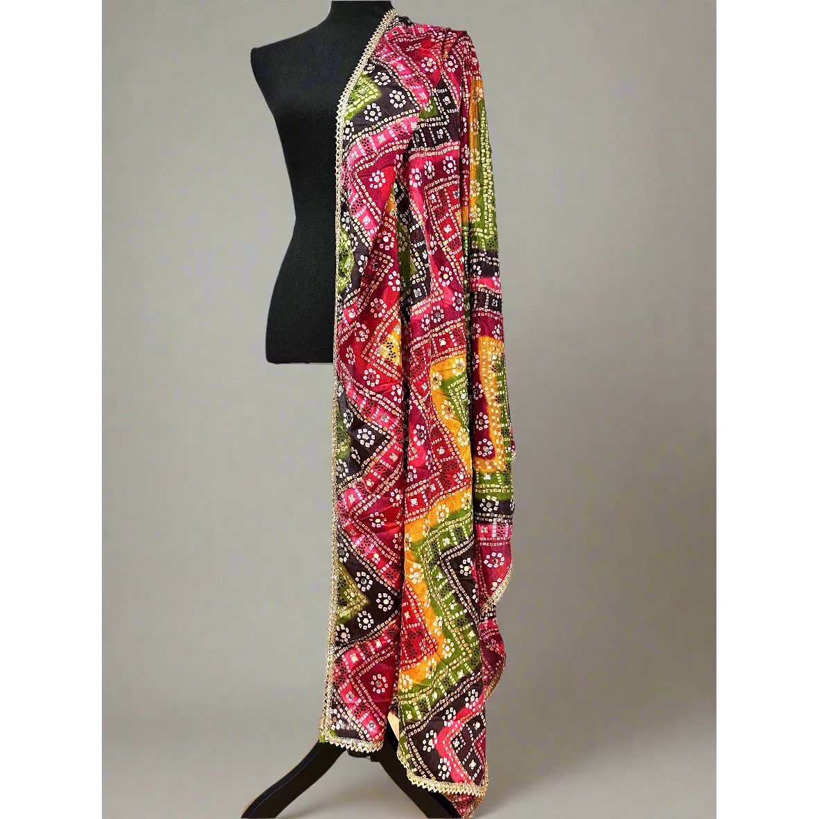 Phulkari Style Bandhini Print Dupatta Scarf - Elegant Indian Traditional Shawl for Women, Perfect for Weddings, Festivals & Ethnic Outfits