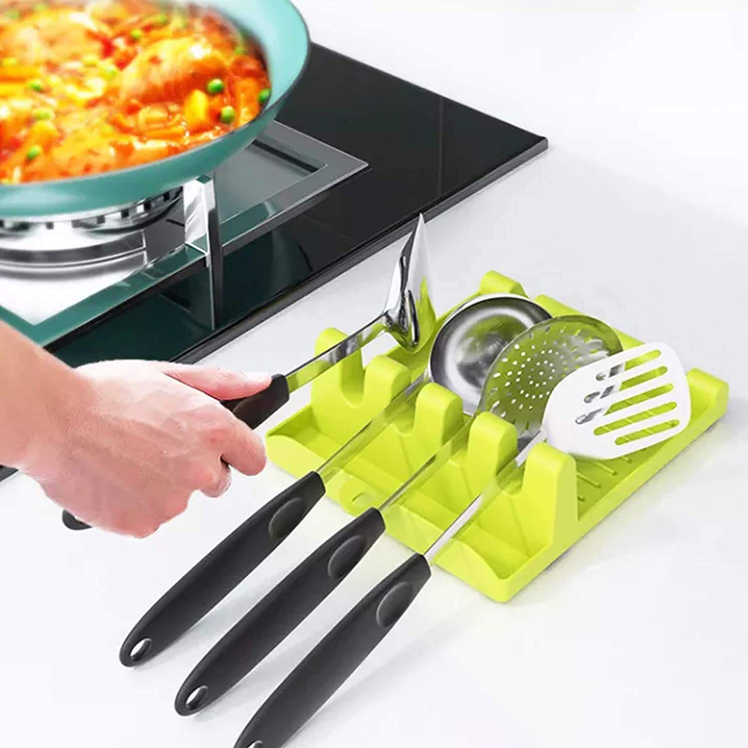 Shivansha Enterprise 4-Slot Kitchen Utensil Holder - Multifunctional Plastic Spoon & Pot Clip Organizer for Stove, Pan Lid Rack (1 Piece) - Perfect for Cooking, Baking & Kitchen Organization