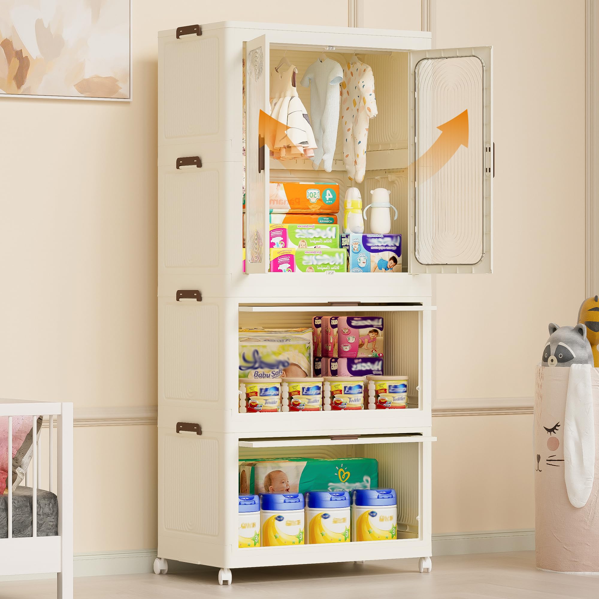 Portable Wardrobe Closet Organizer with Magnetic Doors - 4 Storage Cubes & Hanging Rod Included - 10 Bonus Hangers - Space-Saving Clothes Storage for Bedroom, Nursery, or Dorm - Perfect Baby Wardrobe Cabinet & Clothes Dresser for Small Spaces