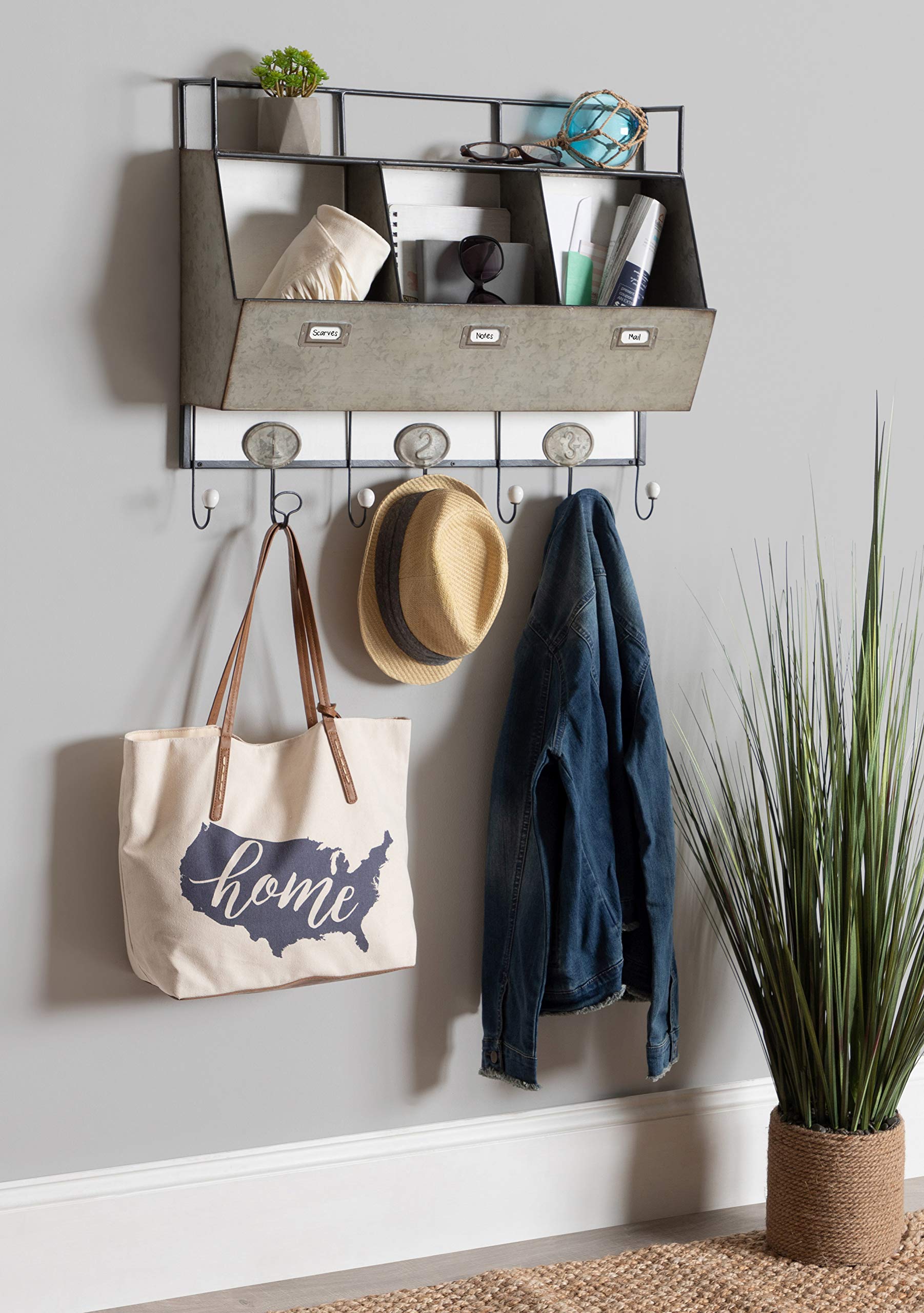 Kate and Laurel Arnica Antique White Wood & Metal Wall Organizer with Hooks - Perfect for Entryway, Bathroom & Bedroom Storage