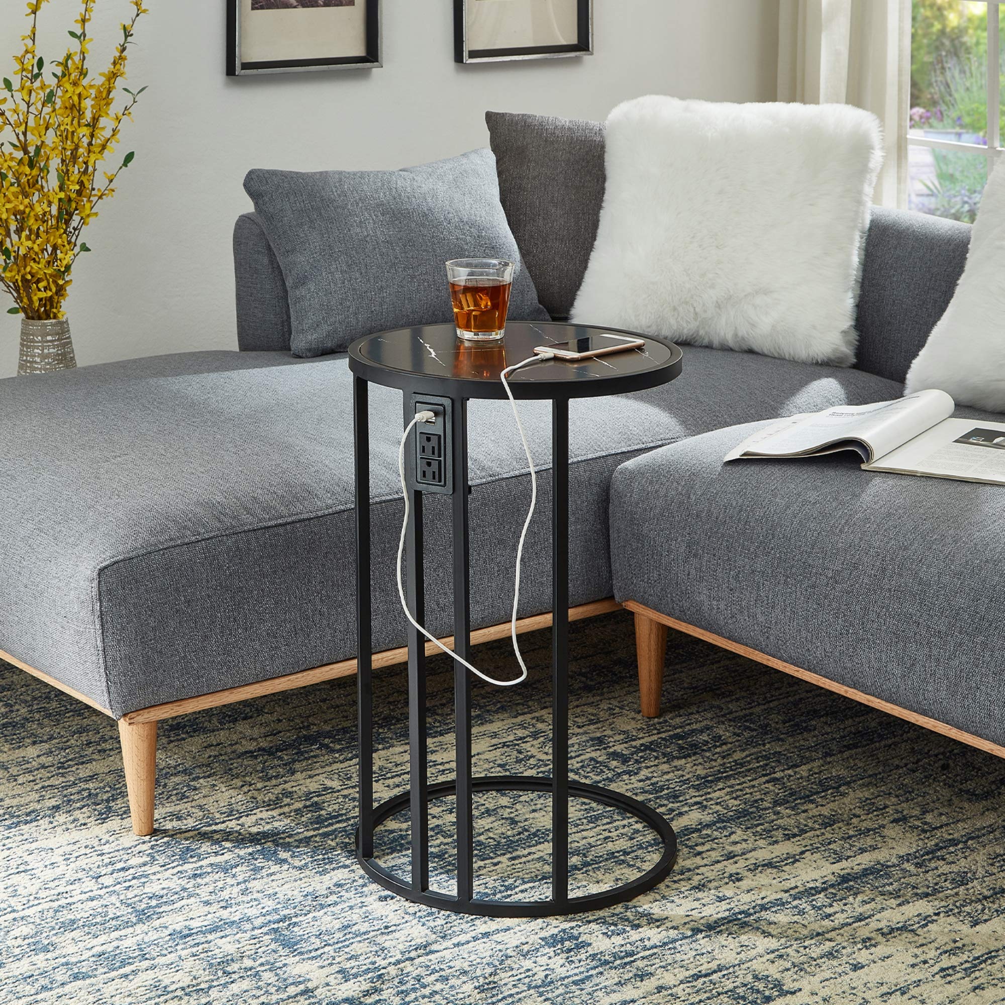 Round End Table with USB Port & Outlet - Modern C-Shaped Side Table for Living Room, Bedroom, Office | Nightstand, Sofa Table, Charging Station in Black by Loft Lyfe