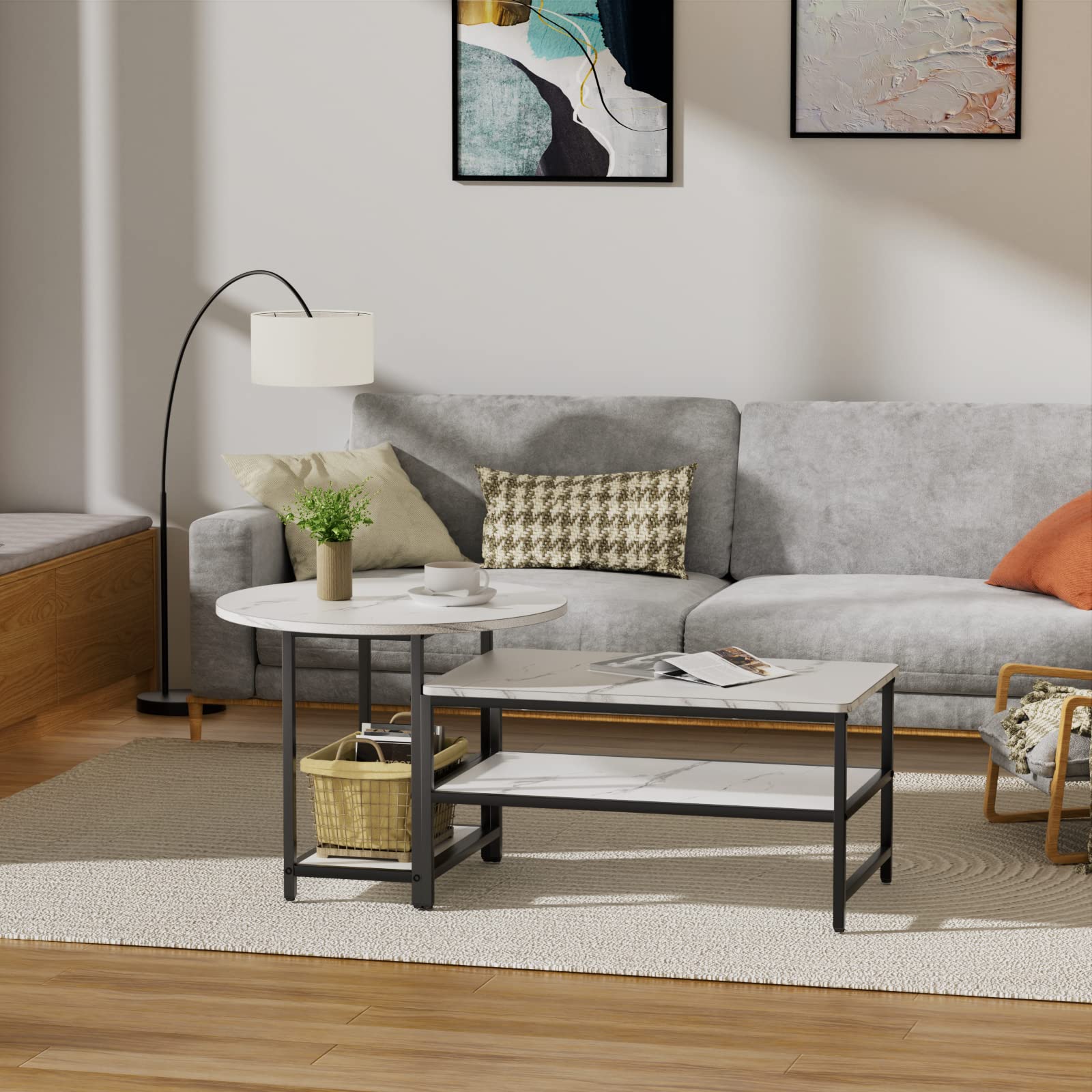 Modern White Coffee Table - Detachable Faux Marble Living Room Table for Small Spaces