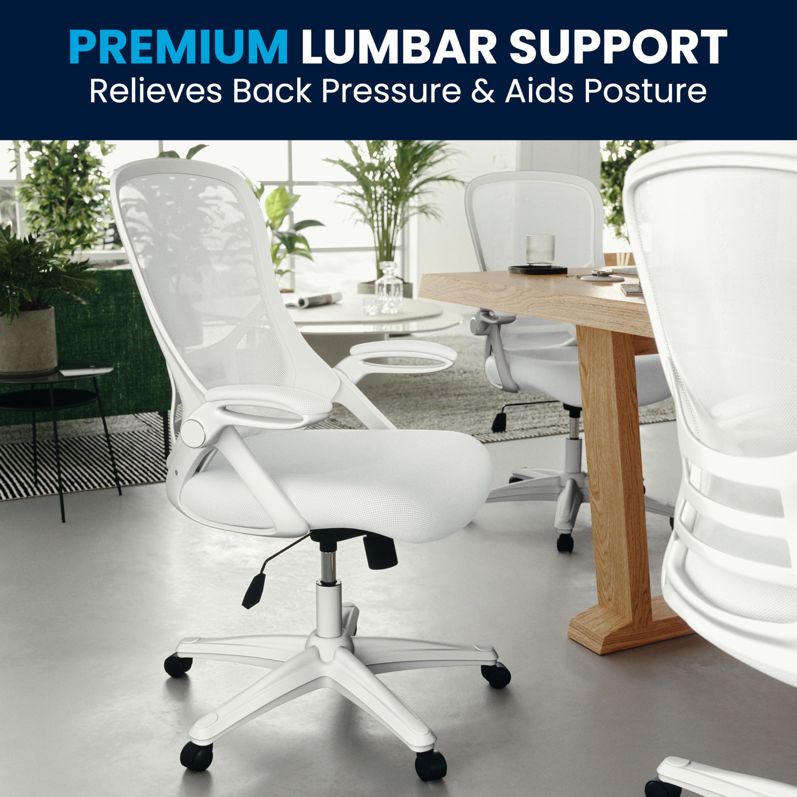 Flash Furniture Porter High-Back Swivel Office Chair with Adjustable Lumbar Support & Height - Ergonomic Mesh Desk Chair with Flip-Up Armrests, White - Perfect for Home Office, Gaming & Workspaces