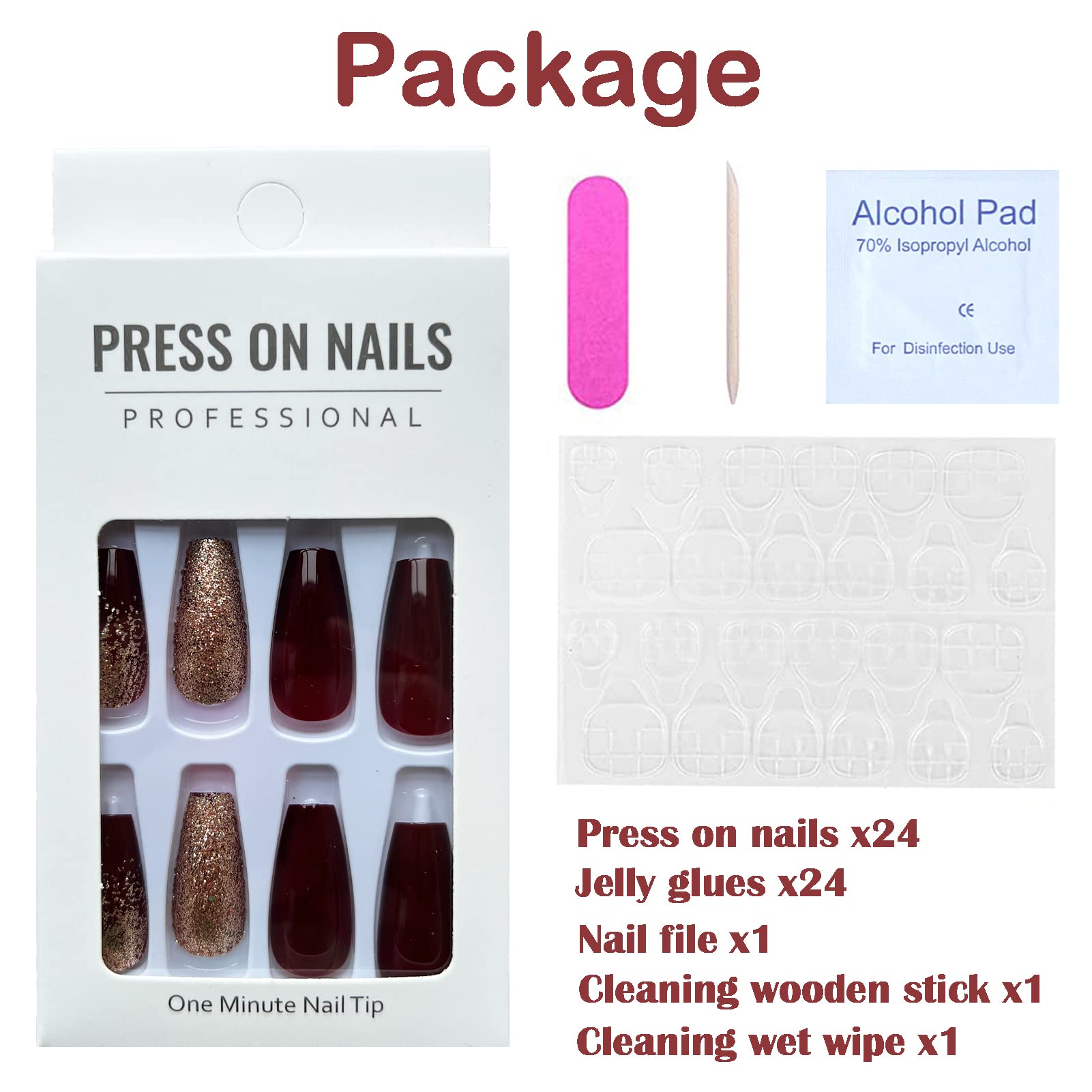 Medium Long Press On Nails Square - Flash Gold Powder Wine Red Acrylic Full Cover False Nails Set with Nail Glue | Reusable Stick On Fake Nails for Women & Girls | Perfect for Parties, Weddings & Special Occasions