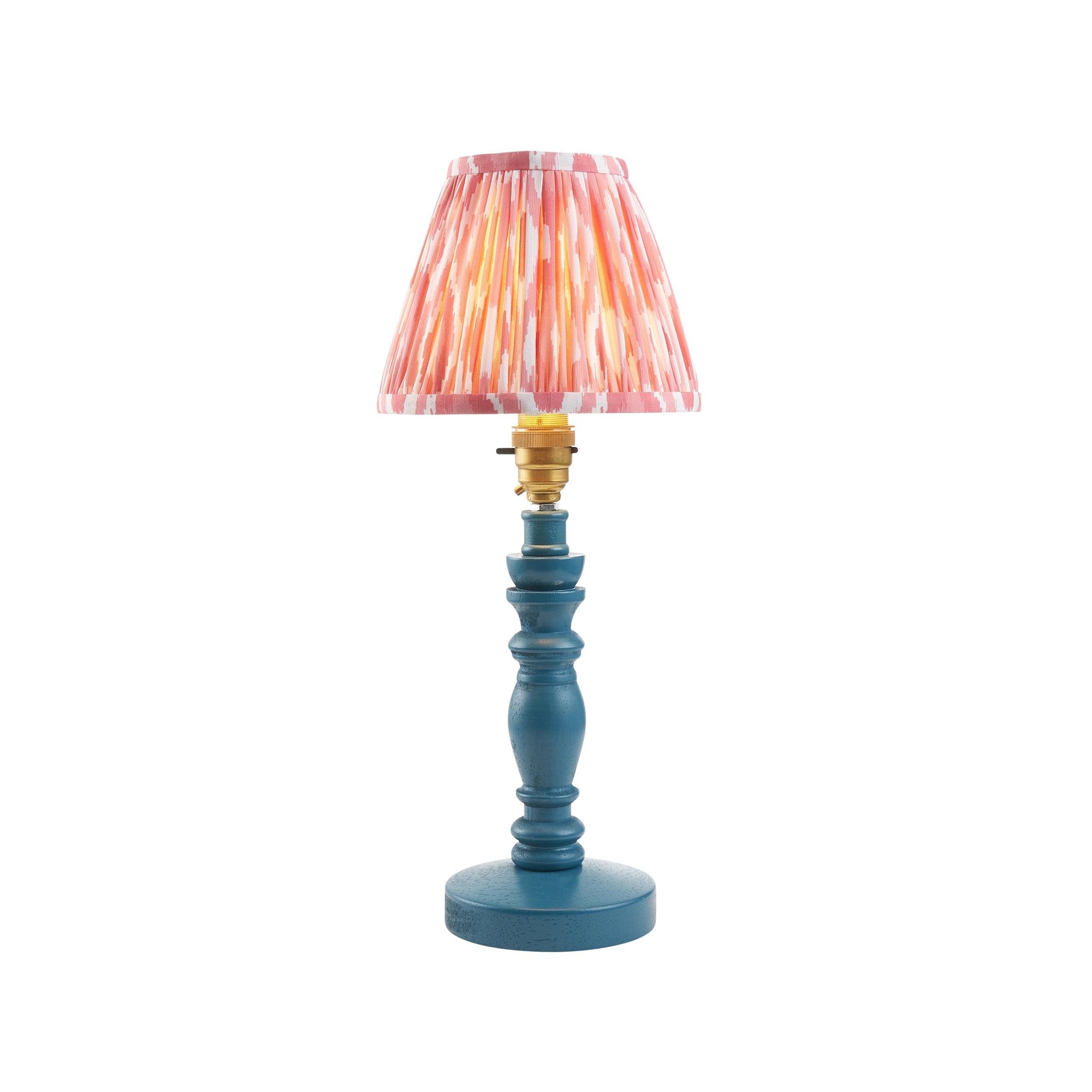 Bibury Blue Table Lamp with Ikat 16cm Coral Pink Shade - Modern Home Decor for Bedroom, Living Room & Office Lighting