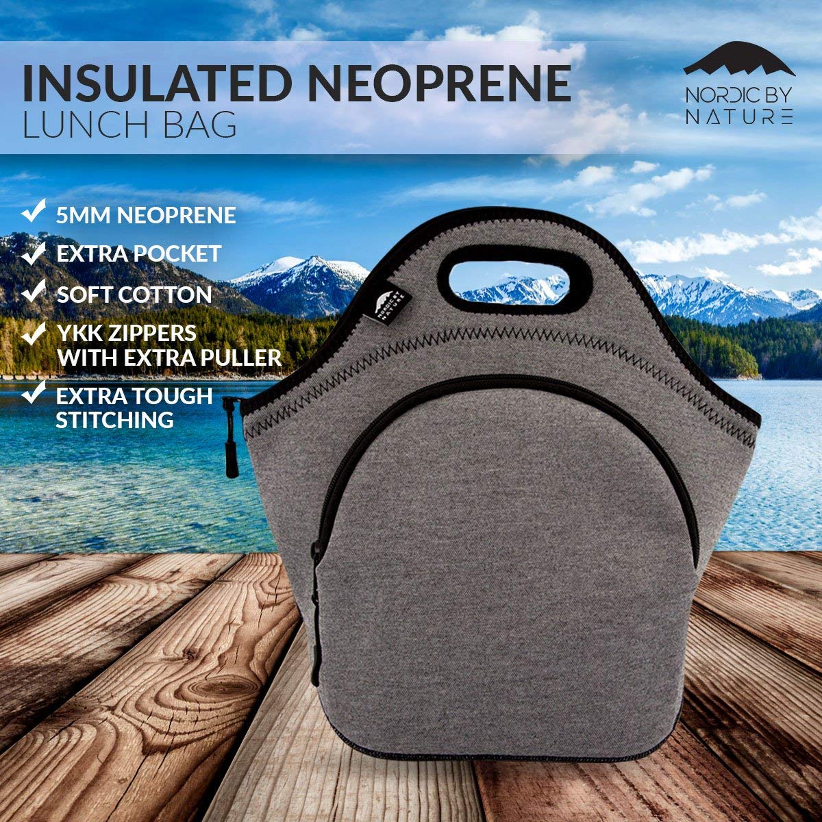 Premium Insulated Lunch Bag for Women & Kids - Large Neoprene Lunch Tote with Soft Cotton Feel, Reusable & Washable, Thick Insulation, Durable Stitching, Outside Pocket (Grey/Black) - Perfect for School, Work, Picnics & Outdoor Activities