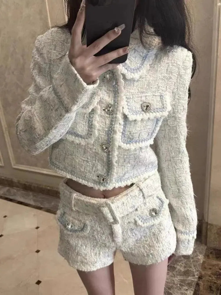 Women's Flap Pocketed Tweed Shorts Suit Set - Stylish Summer Outfit for Office, Dating & Casual Wear