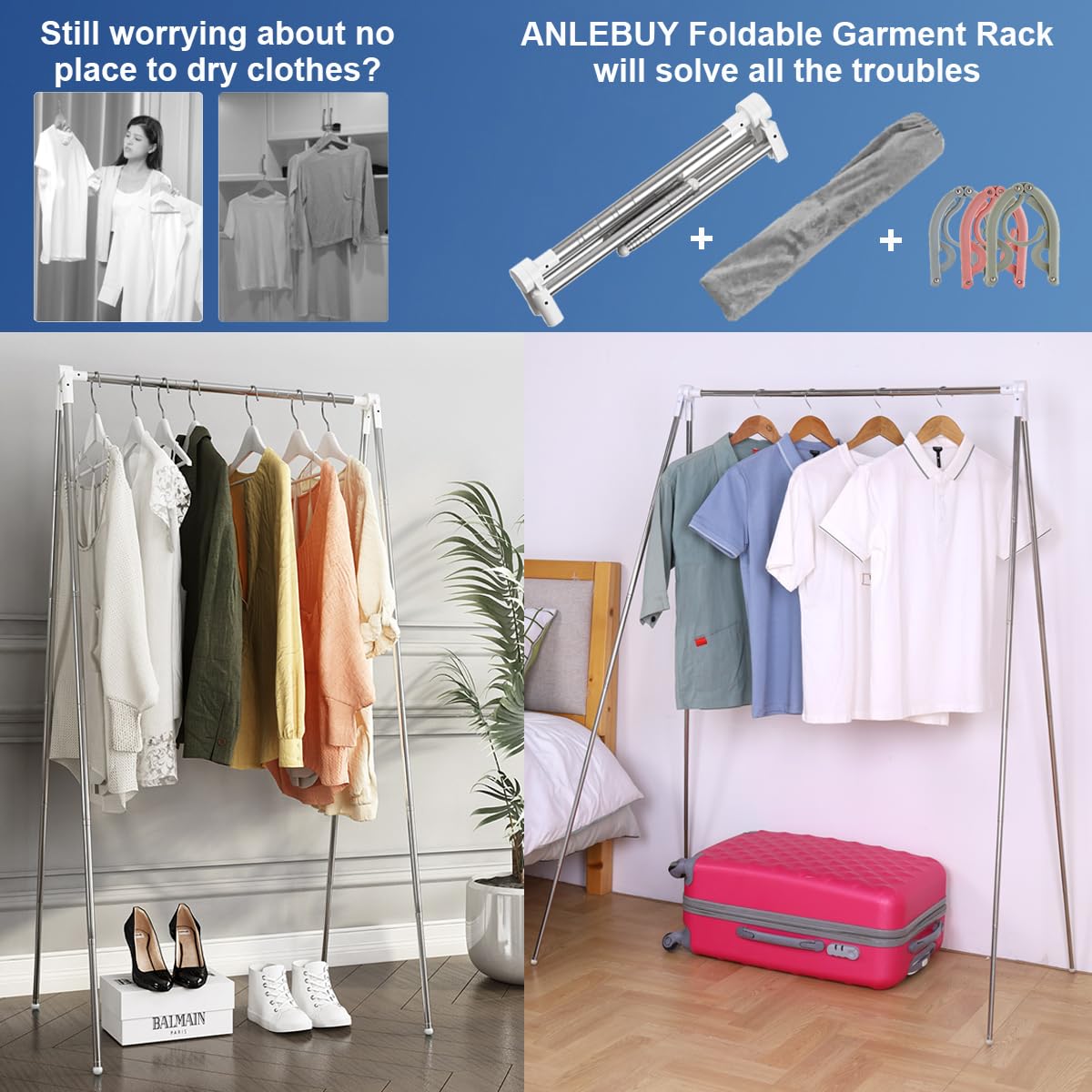 Portable Folding Garment Rack - Collapsible Clothes Drying Rack for Laundry, Travel, Camping & RV - Compact Space-Saving Storage Solution for Indoor & Outdoor Use - Includes 3 Foldable Hangers (White) | Perfect for Apartments, Dorms, Hotels & Small Spaces