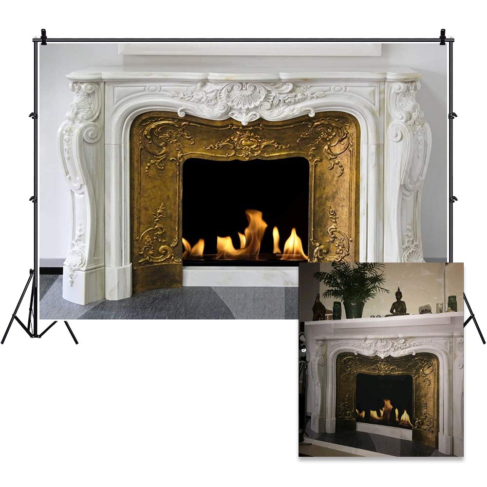 CSFOTO 10x7ft Burning Fireplace Backdrop - White and Gold Classic Fireplace Photography Background for Home Decor, Interior Design, Winter House Photo Wallpaper - Perfect for Holiday Photos, Cozy Living Room Scenes & Christmas Party Decorations
