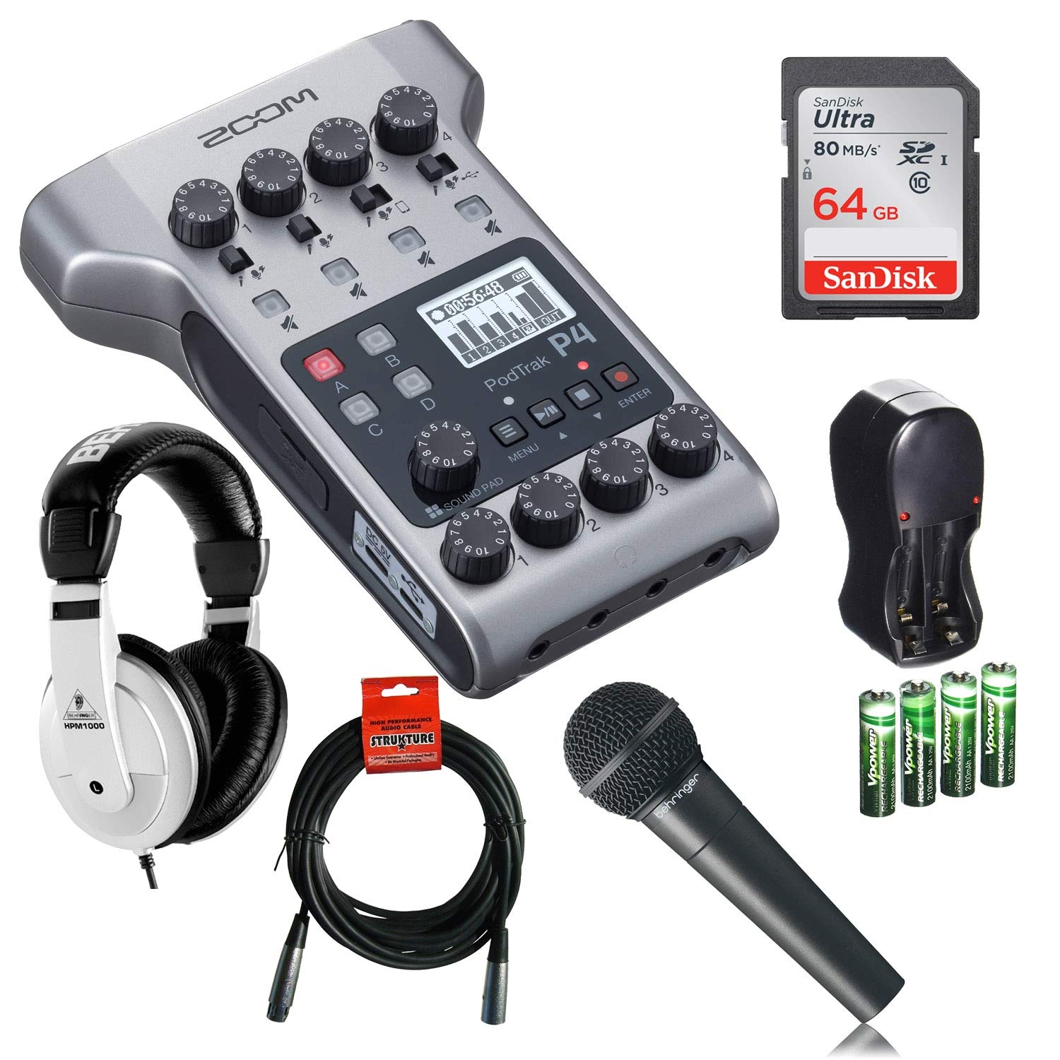 Zoom PodTrak P4 Portable 4-Channel Multitrack Podcast Recorder Bundle with 64GB SD Card, Headphones & Cardioid Mic - Perfect for Home Studio, Field Recording & Podcasting
