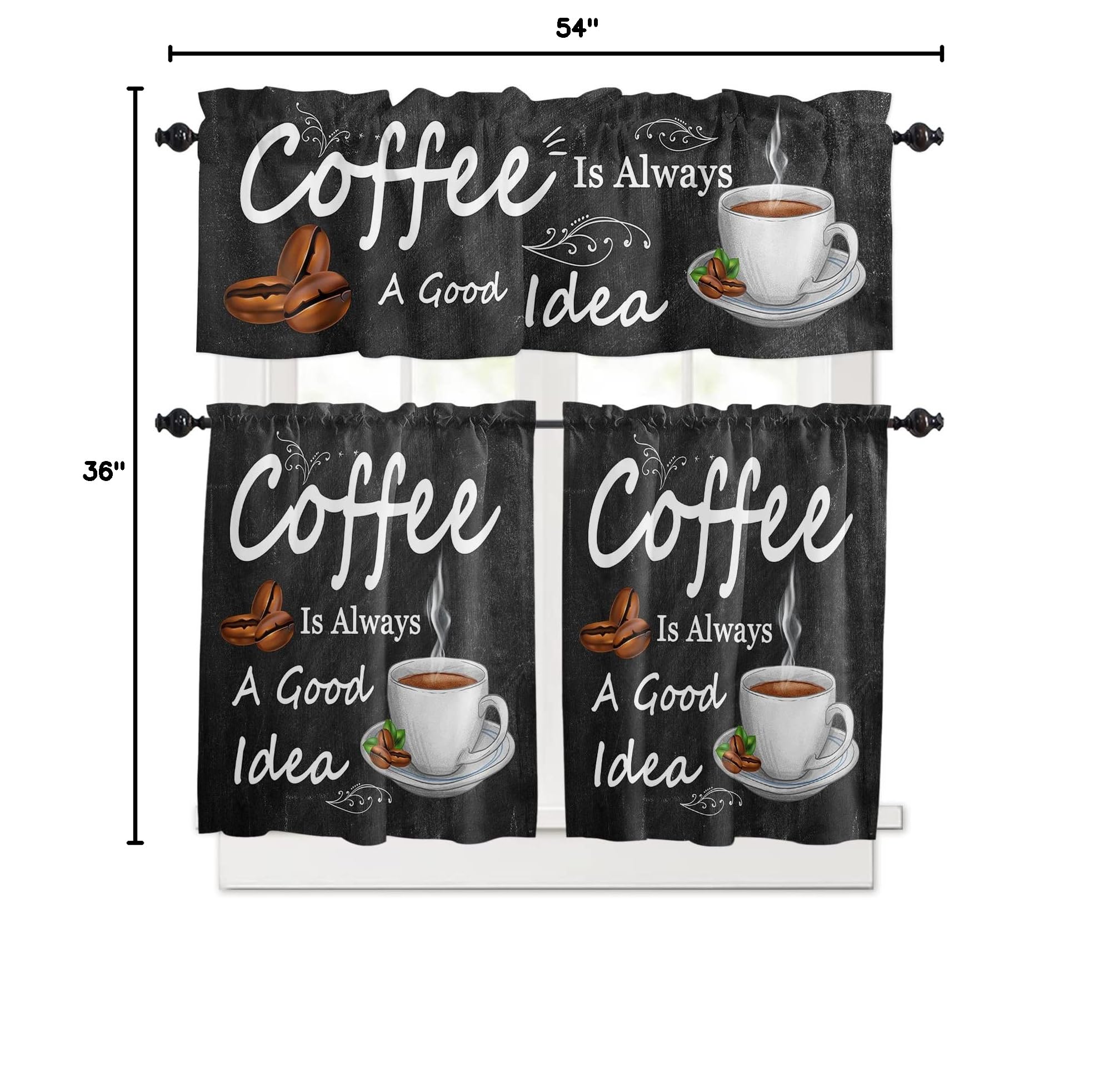 3-Piece Coffee Theme Kitchen Curtains Set with Valances, Farmhouse Style Rod Pocket Soft Washable Window Curtains for Cozy Kitchen Decor