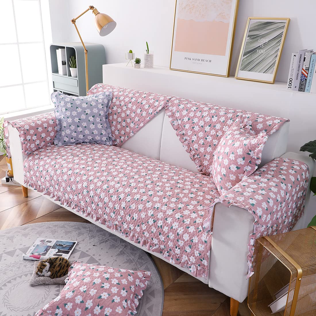 Boho Floral Printed Cotton Sofa Covers with Ruffles - Non-Slip Sectional Couch Cover, Super Soft & Comfy Furniture Protector for Living Room (Pink, 28