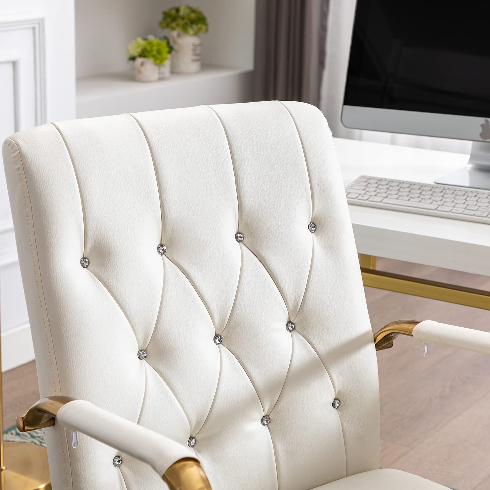 Premium PU Leather Home Office Desk Chair - Modern Gold Swivel Task Chair with Wheels, Adjustable Height & Armrests, Ergonomic Computer Chair for Office, Study, Gaming & Workspace - White & Gold Base