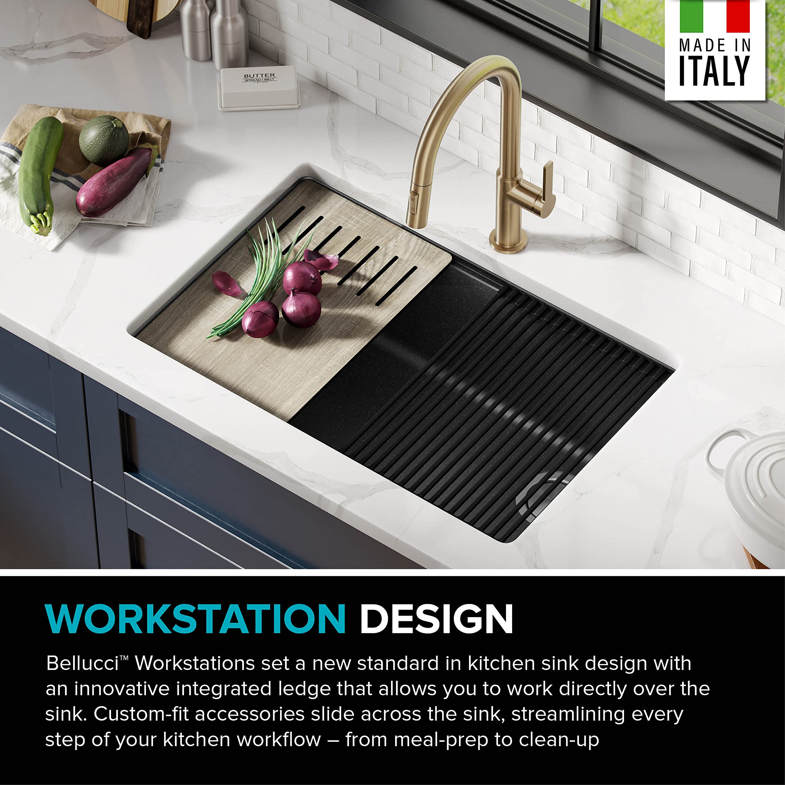 KRAUS Bellucci 30-Inch Undermount Workstation Granite Composite Kitchen Sink in Metallic Black - Includes Accessories (KGUW2-30MBL) - Perfect for Modern Kitchens, Food Prep, and Heavy-Duty Cooking
