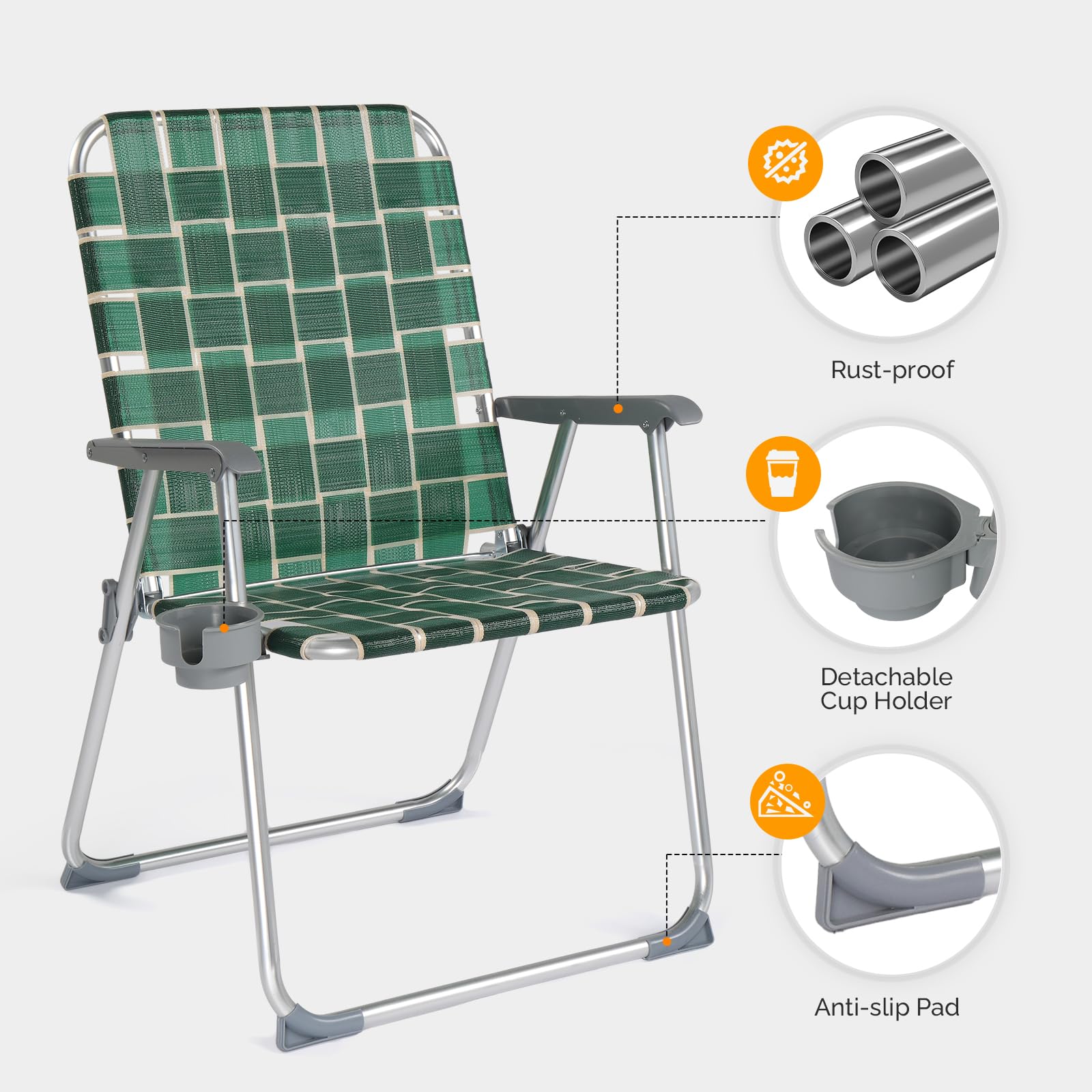 VINGLI Heavy Duty Folding Lawn Chairs 2 Pack - 300 LBS Capacity Oversized Webbed Beach Chairs with Detachable Cup Holder, Portable Aluminum Patio Chairs for Yard, Garden, Camping & Outdoor Relaxation - Dark Green