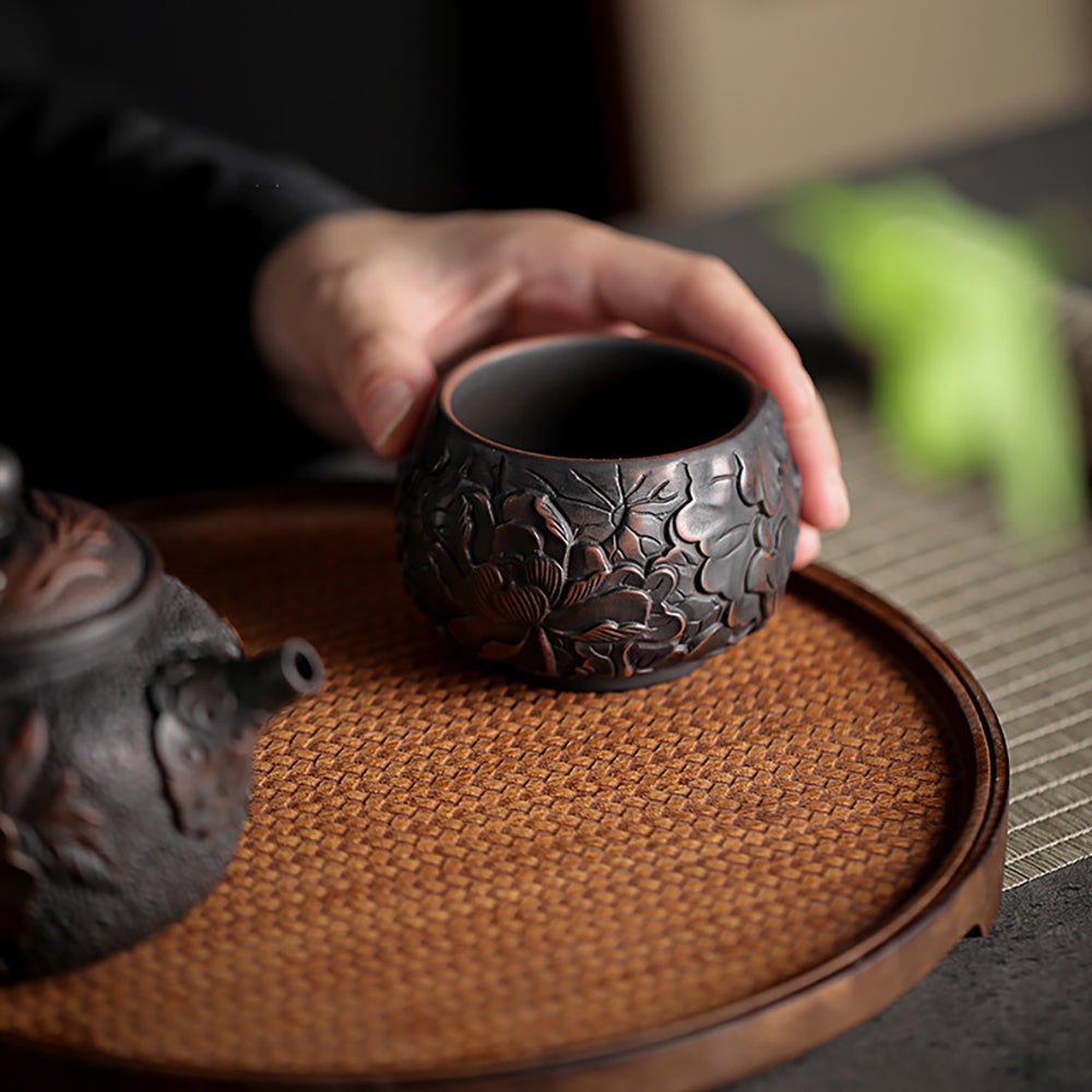 Handmade Black Pottery Relief Lotus Kung Fu Tea Cup - Traditional Chinese Ceramic Tea Set for Gongfu Tea Ceremony, Meditation & Zen Decor